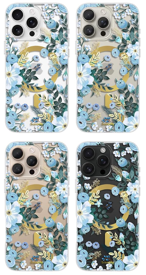 SCORPIFY for iPhone 16 Pro Max Case [Compatible with MagSafe] with Blue Nemophila Floral Design, Cute Clear Flower Magnetic Phone Cover for Women Girls,[Non Yellowing] Slim Bumper with Gold Accents by SCORPIFY - Image 3