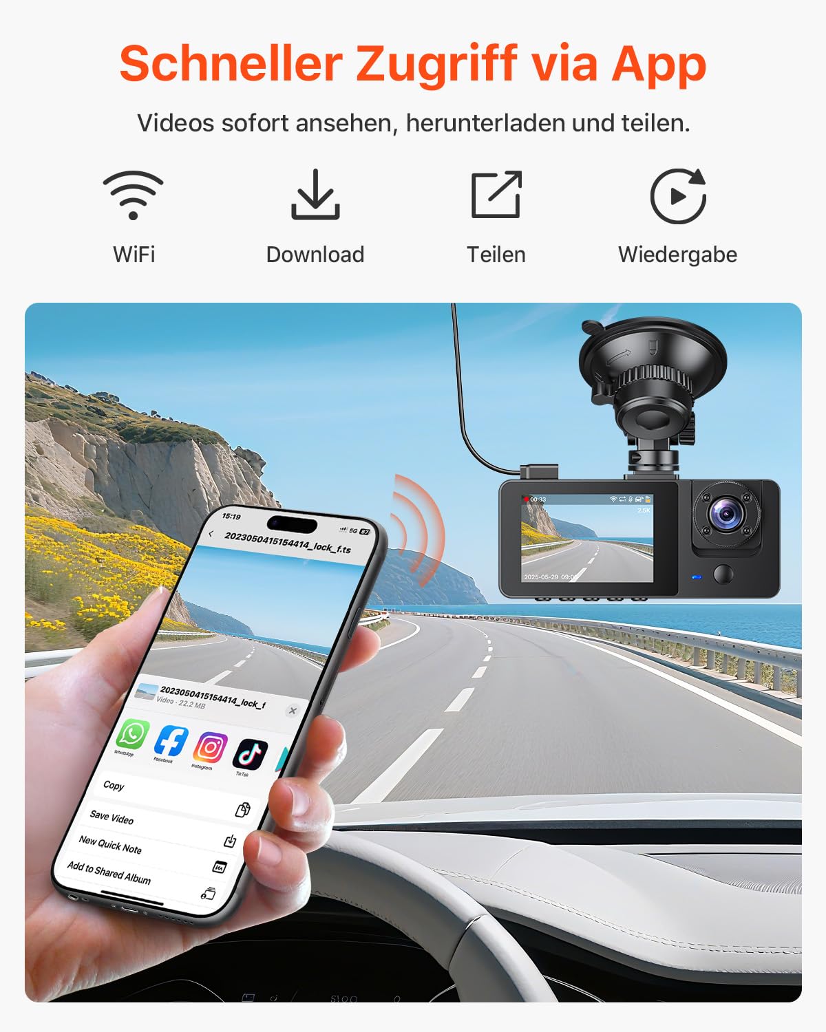 Bestsee 2.5K Dashcam Auto Vorne Hinten und Innen, 2,35" IPS-Bildschirm, 64GB SD-Karte, 24H Parküberwachung, WDR Nachtsicht, G-Sensor, Loop-Aufnahme