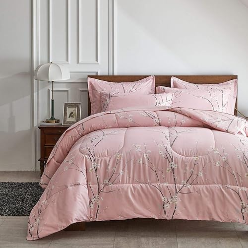 AIKASY Bed in a Bag 7 Pieces King Size - Floral Print - Soft Microfiber, Reversible Bed Comforter Set (1 Comforter, 2 Pillow Shams, 1 Flat Sheet, 1 Fitted Sheet, 2 Pillowcases)（Pink, King）