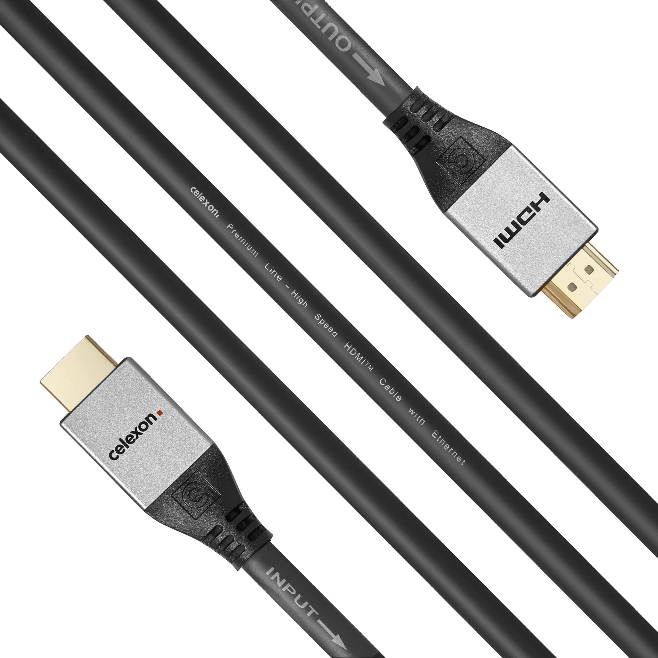 celexon Professional Line aktives HDMI-Kabel 2.0a/b | 15 m | 4K 60 Hz | Integrierte Signalverstärkung, HDR, Ethernet und dreifache Schirmung unterstützen lange AV-Signalwege.