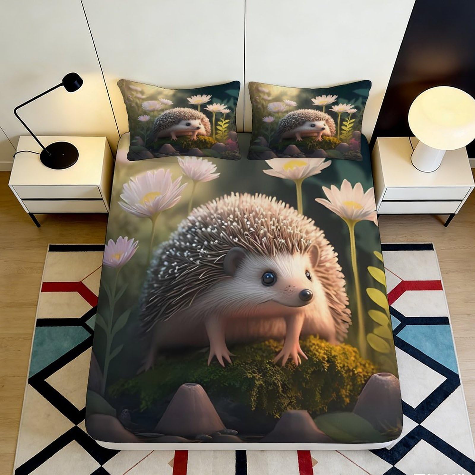 3D Printed Hedgehog Meadow Fitted Sheet Microfiber Soft Anti-Slip Bed Cover for Bedroom Guest Room Youth Dorm 90x200x25cm
