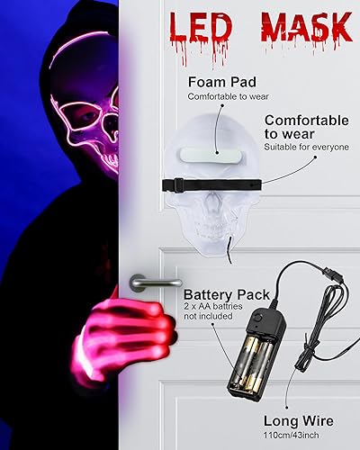 Miniatura 4 de Sumind Máscara de Halloween LED de esqueleto, máscara de hacker de la purga, máscara de miedo que brilla en la oscuridad, máscara para fiesta de