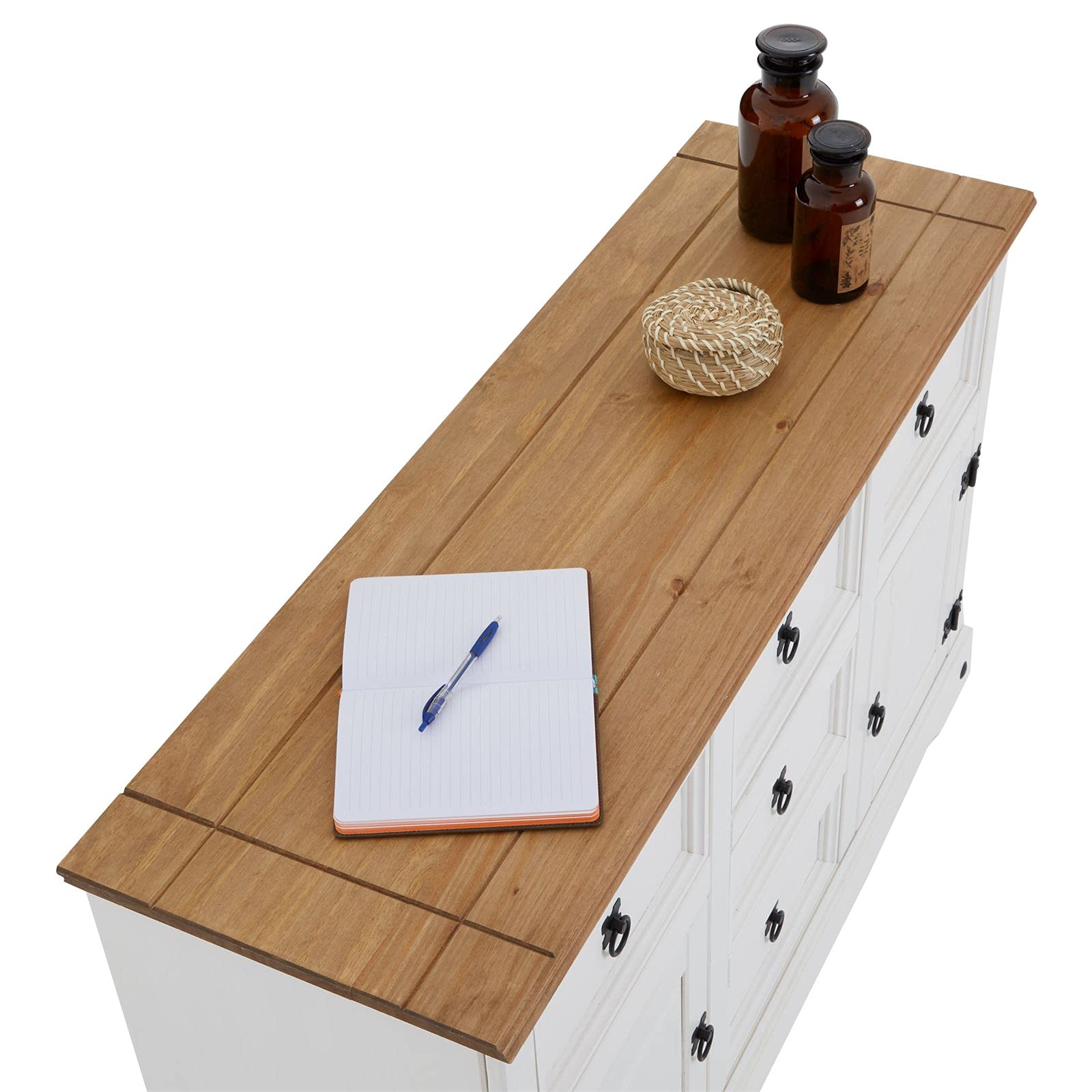 CARO-Möbel Sideboard Campo, Kommode Kiefer massiv, weiß lasiert, 5 Schubladen und 2 Türen