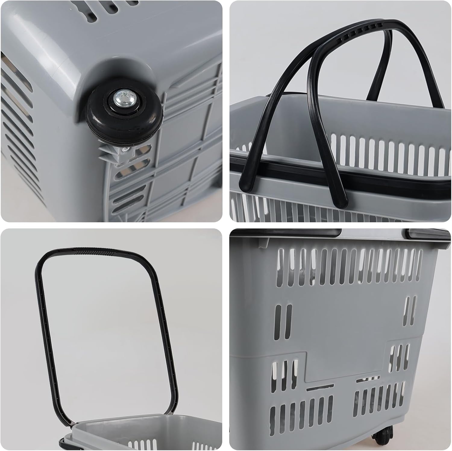 50 L Plastic Rolling Shopping Basket with Long Handle, Large Portable Retail Baskets with Wheels for Groceries, 4 Packs