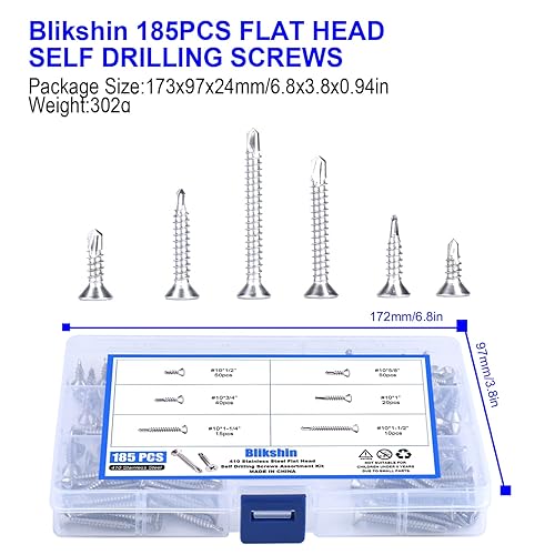 Miniatura 7 de Kit surtido de tornillos autoperforantes de cabeza plana #10, longitud de 12 pulgadas a 1-12 pulgadas, tornillos autorroscantes de acero inoxidable