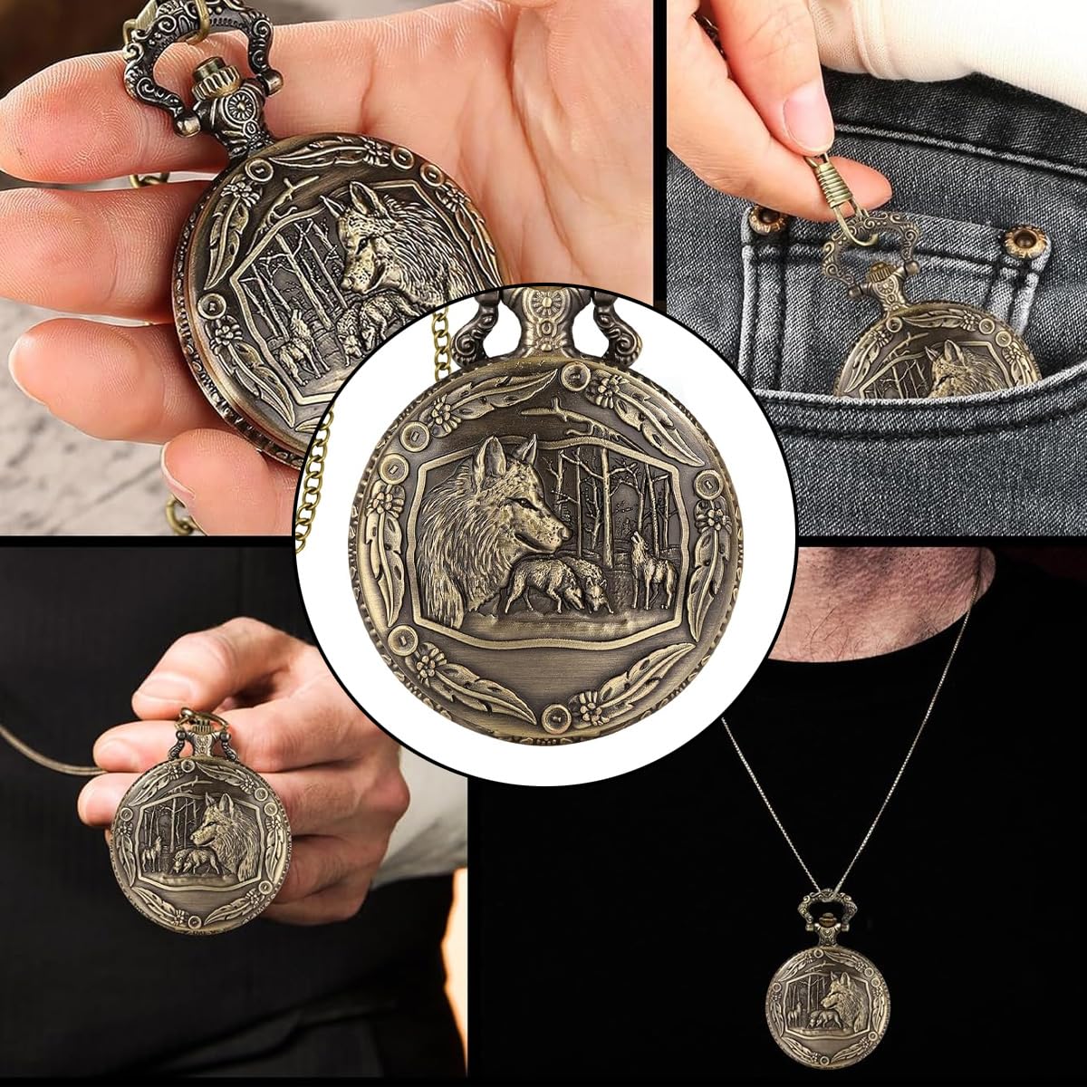 Mini set di dadi DND con orologio a forma di testa di lupo in rilievo, 7 dadi poliedrici in lega di zinco, catena in bronzo anticato, confezione regalo per giochi di ruolo da tavolo