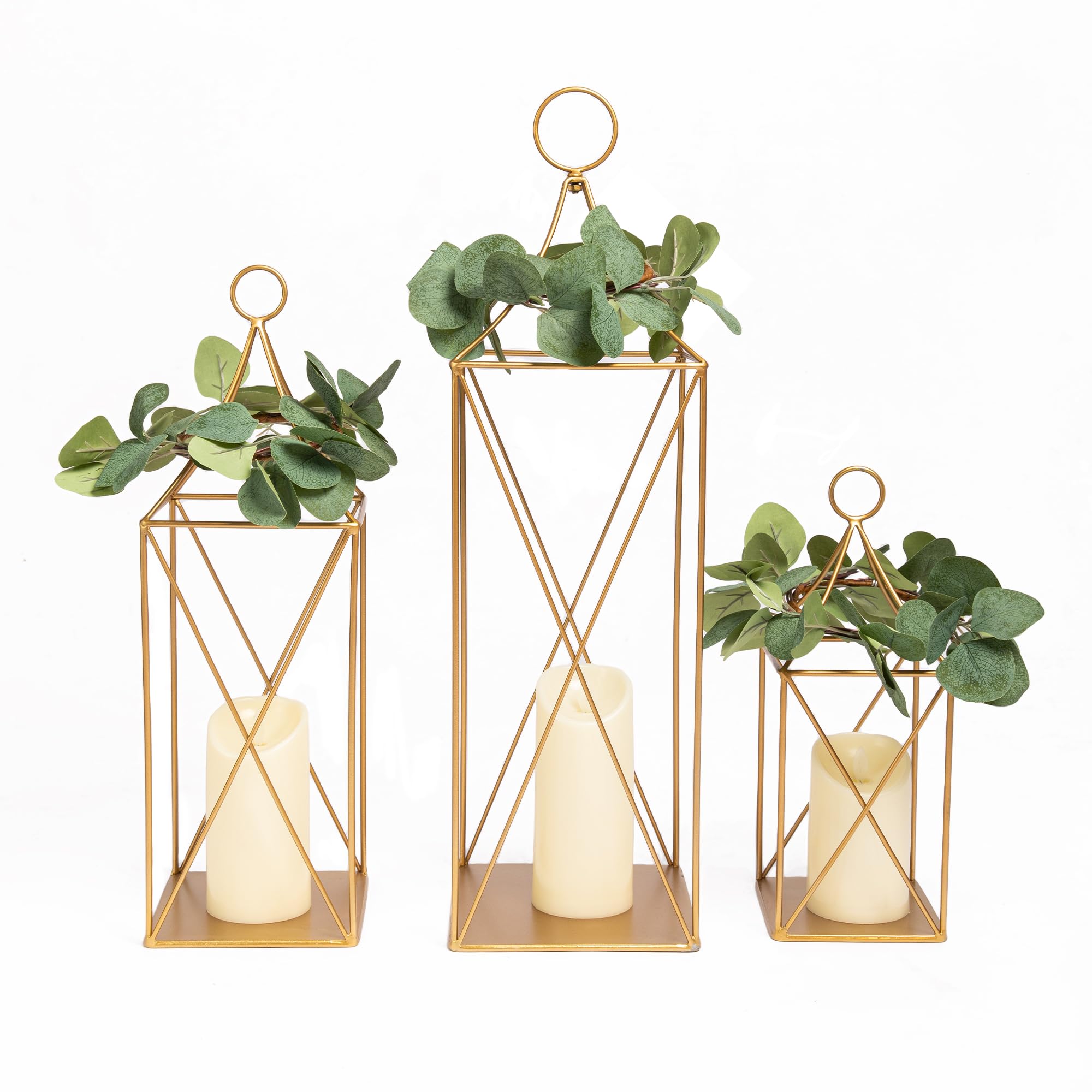 HPC Decor Tall Metal Lantern Decor Set of 3-24"& 19"& 13" Elegant Decorative Lanterns with Garlands-Modern Candle Lanterns for Garden Porch Decor,Indoor/Outdoor for Wedding Décor, Party, Home Decor.