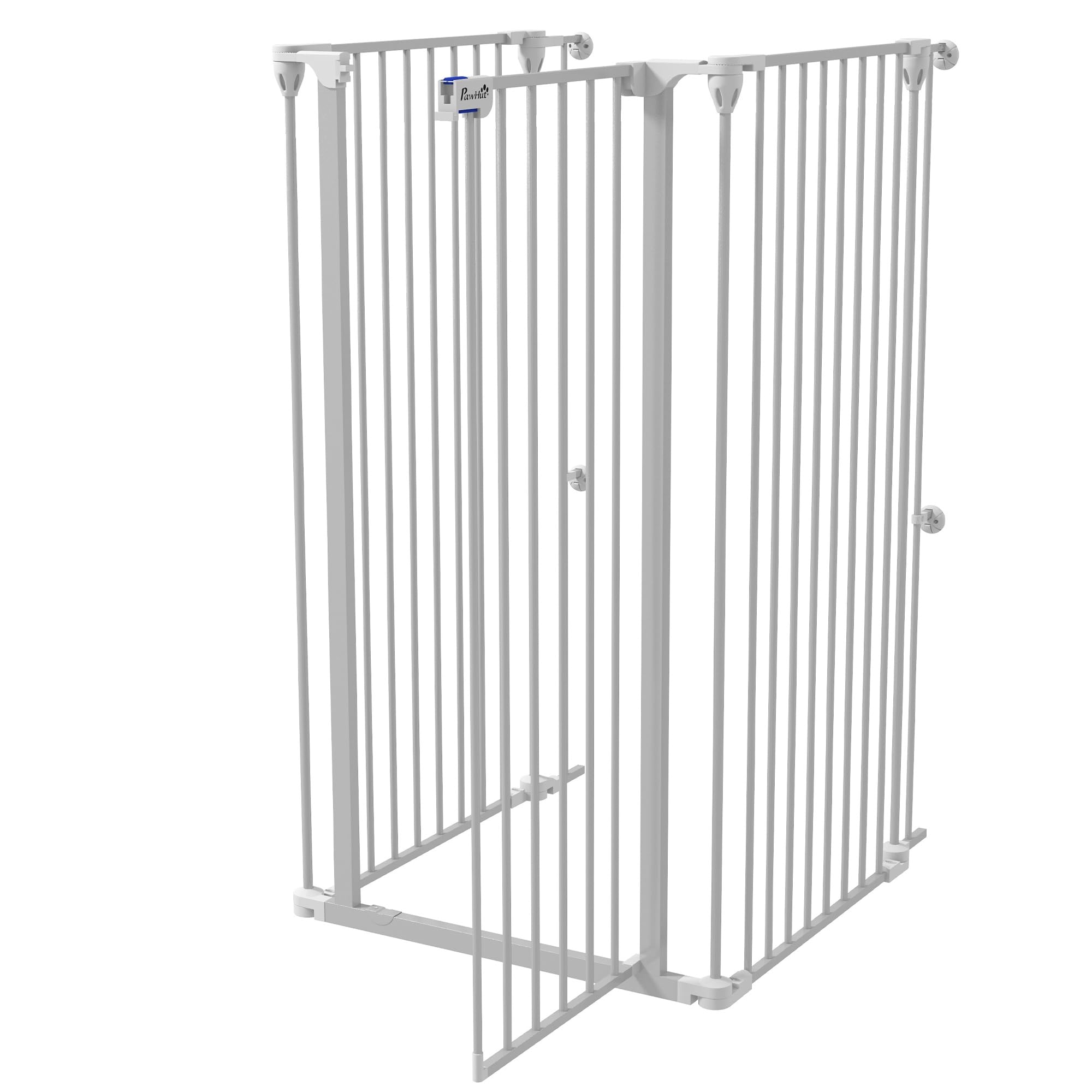 PawHut - Barrera de seguridad para perros de acero con 3 paneles plegables con doble cerradura y puerta integrada para puerta y escalera, 206 x 120 cm, color blanco