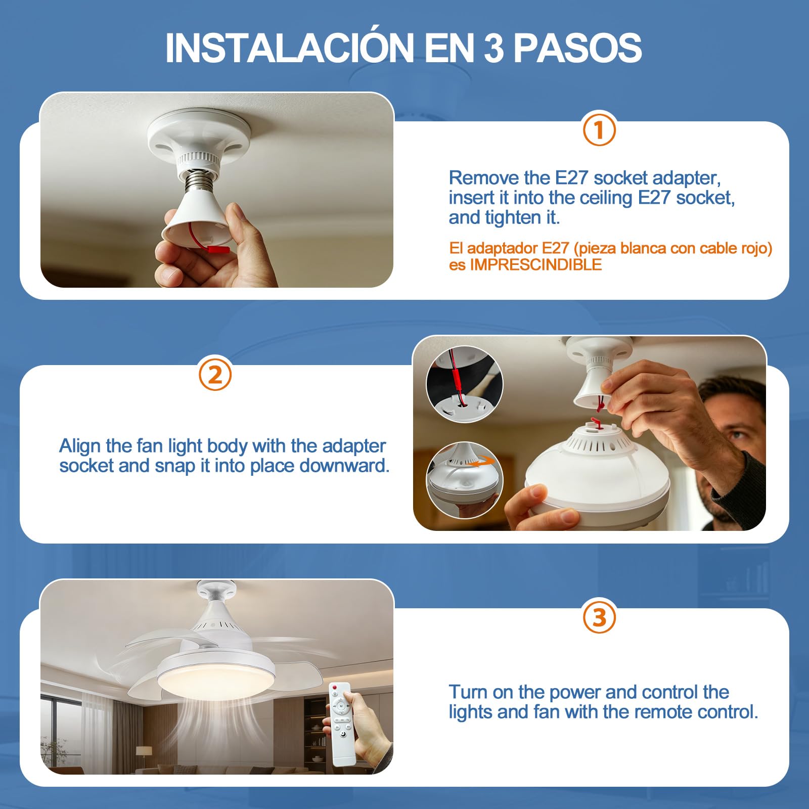 Ventilatore da soffitto con luce e telecomando, attacco E27, piccolo ventilatore da soffitto a LED dimmerabile da 40 cm, silenzioso, 3 velocità, timer, luce notturna per camera da letto o cucina