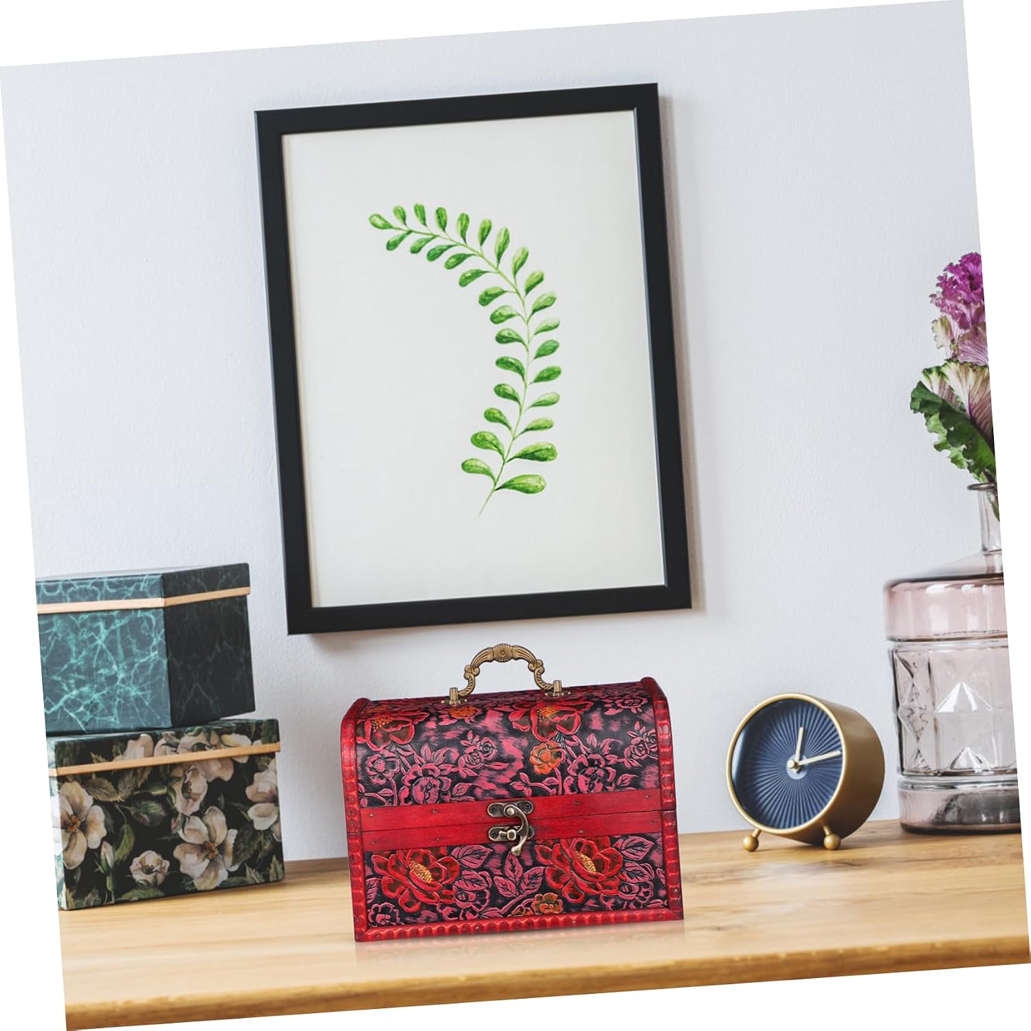 Holibanna Vintage Wooden Flower Pattern Jewelry Treasure Box Decorative Storage Organizer for Rings Bracelets Keepsakes Lidded Chest for Home Bedroom