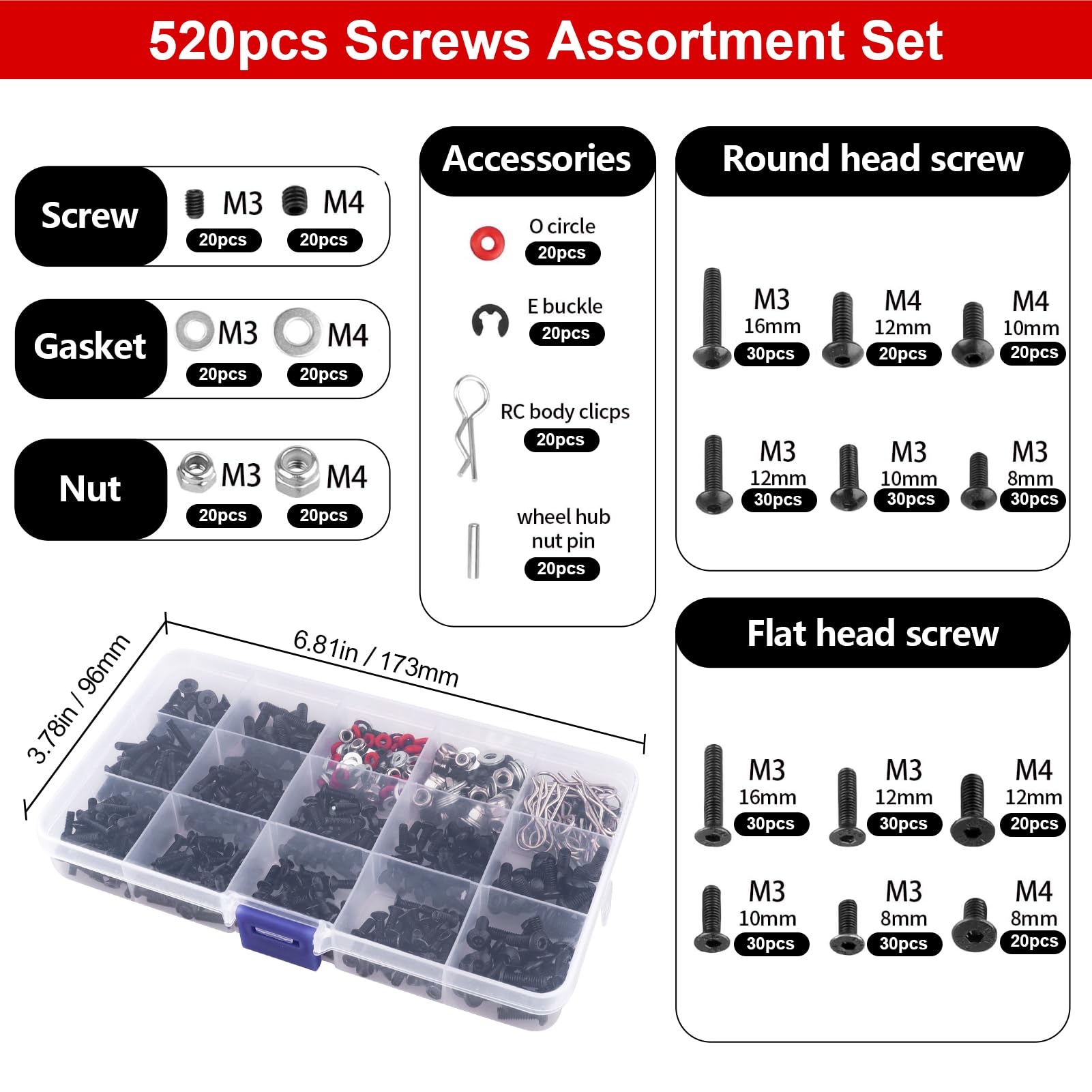 RC-Schrauben-Set, RC-Reparaturwerkzeug-Set, M3, M4, Sechskantschrauben, Mutterschalen, Karosserie-Clips, Hardware-Befestigung mit Schraubenablage und 17 mm Sechskantschlüssel, Werkzeuge für 1/8, 1/10