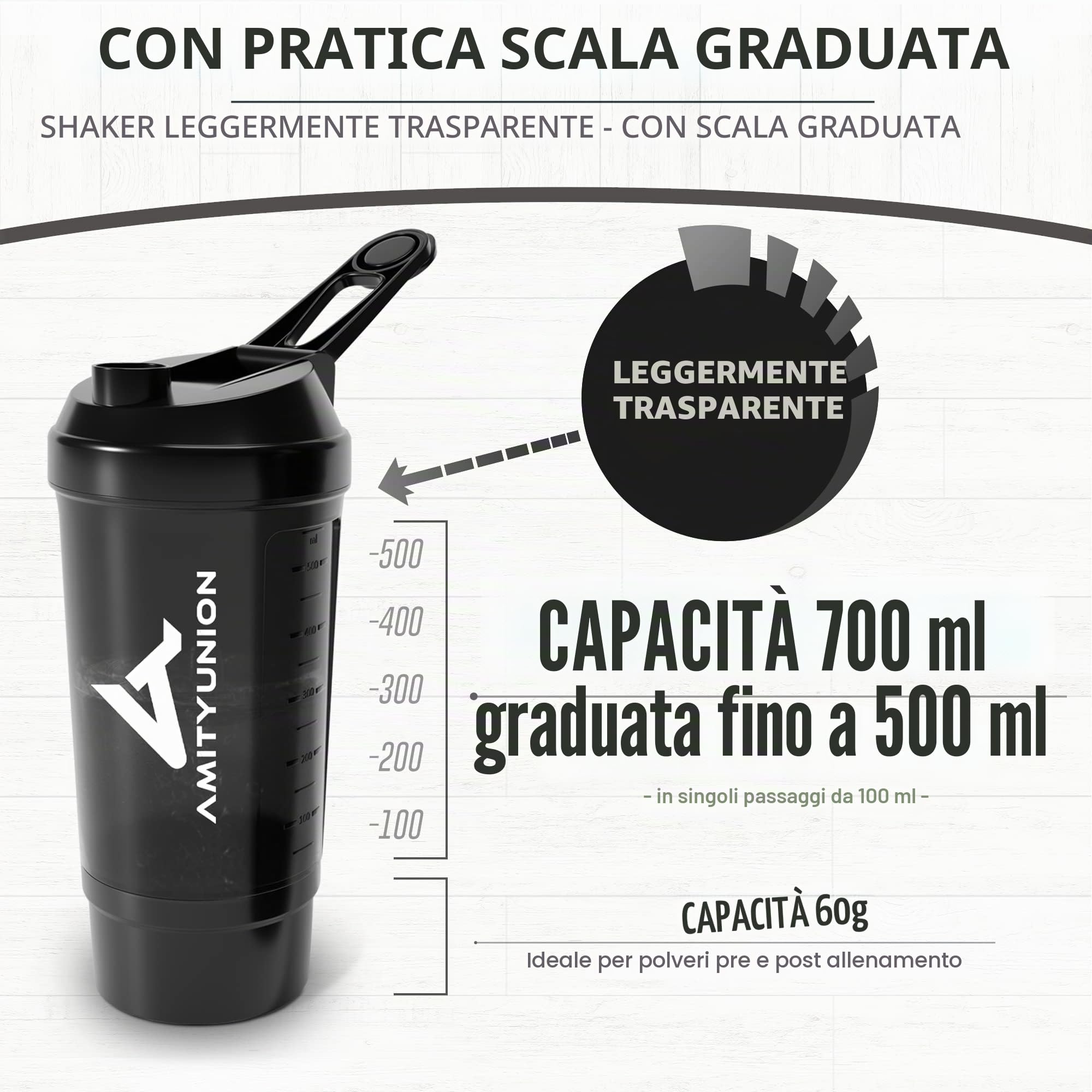 AMITYUNION Shaker per proteine ​​FYRA 700 ml con contenitore - scomparto polvere - shaker per proteine, senza BPA con setaccio e scala per frullati di siero di latte e BCCA, (Black)