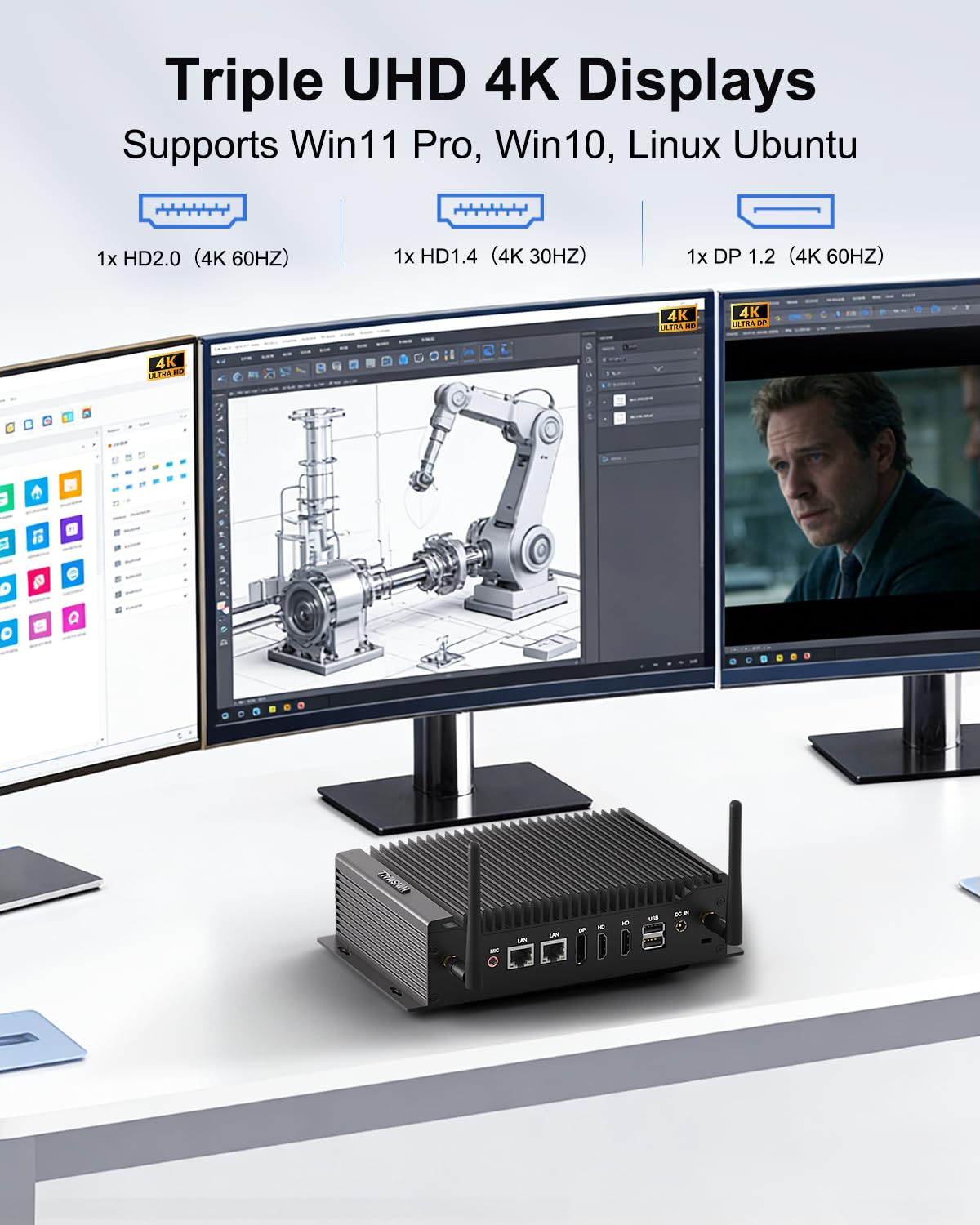 Mini PC Industriel i7-10510U, Pc sans Ventilateur 8GB RAM 512GB SSD, 2X RS232/485 COM, GPIO, Triple Affichage 4K (2X HD + DP), WiFi 6/BT5.2, Double LAN, Win 11/Linux, Auto Power on