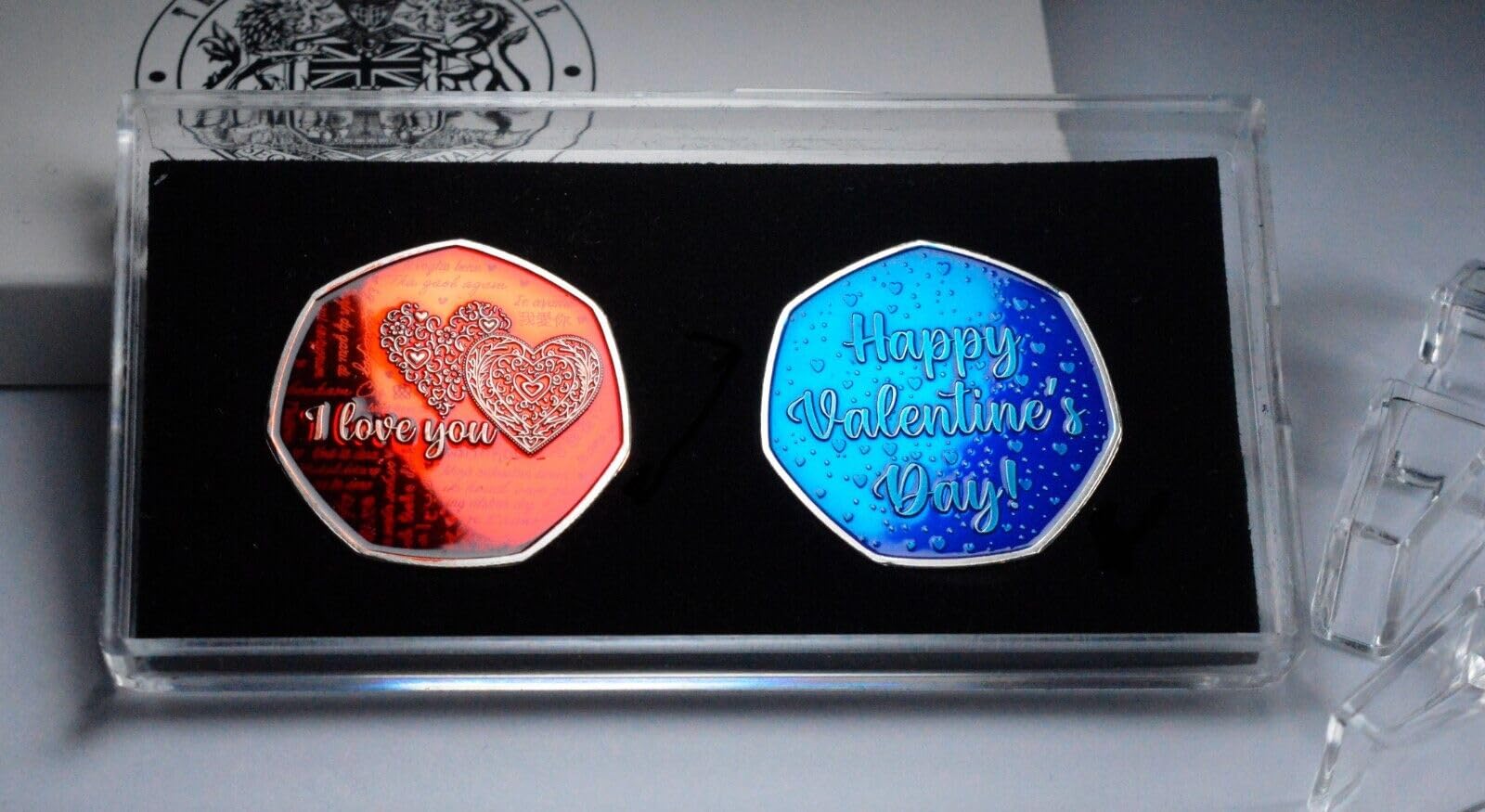The Commemorative Coin Company Cased Pair of Valentine's Day 'I Love You' Enamelled Commemoratives in Gift Box. Gift/Present/Girlfriend/Boyfriend/Husband/Wife/Partner