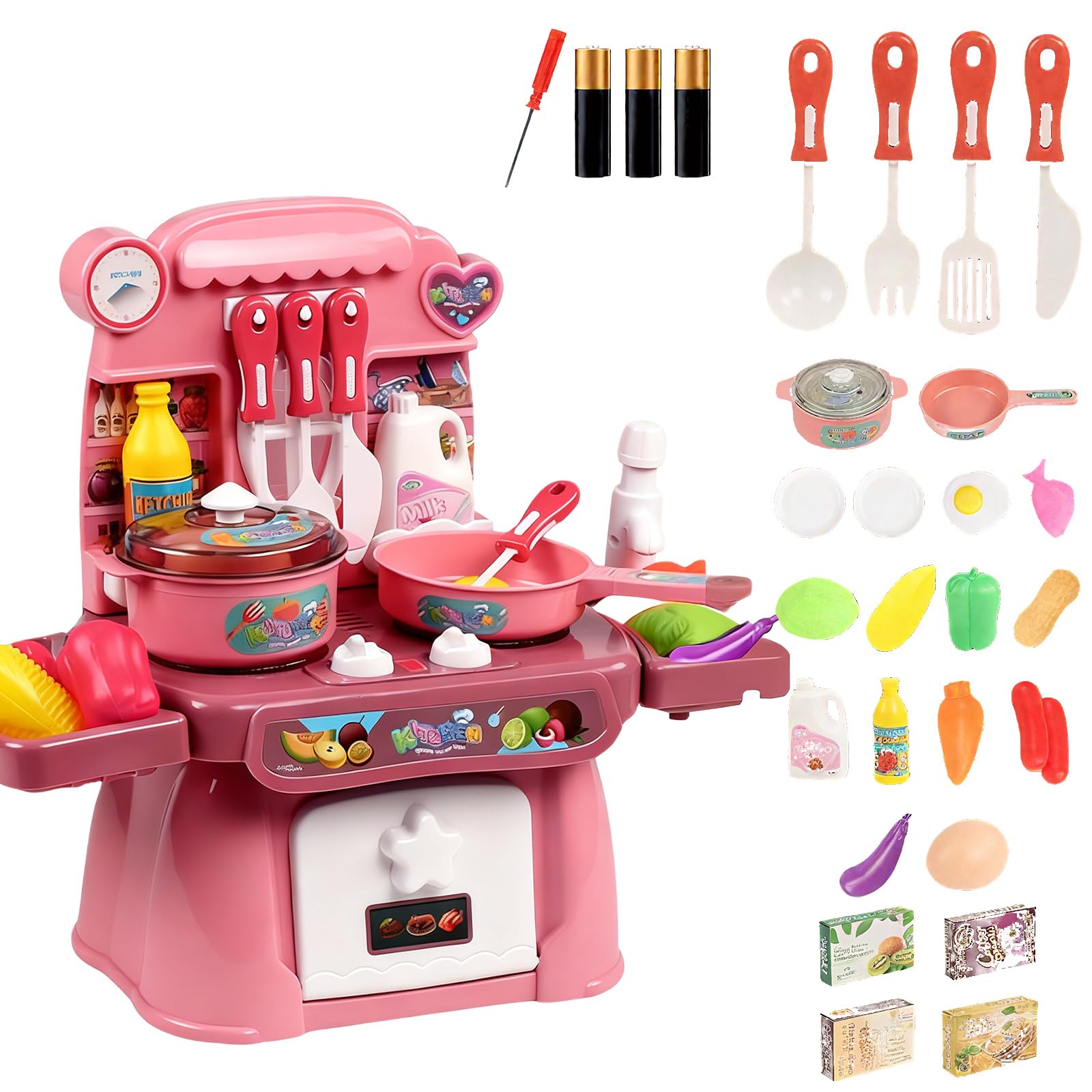 Kitchen Play Set for Toddlers with Lights & Sounds, Kitchen Pretend Play Food Playset with Kitchen Accessories ﻿ (pink)