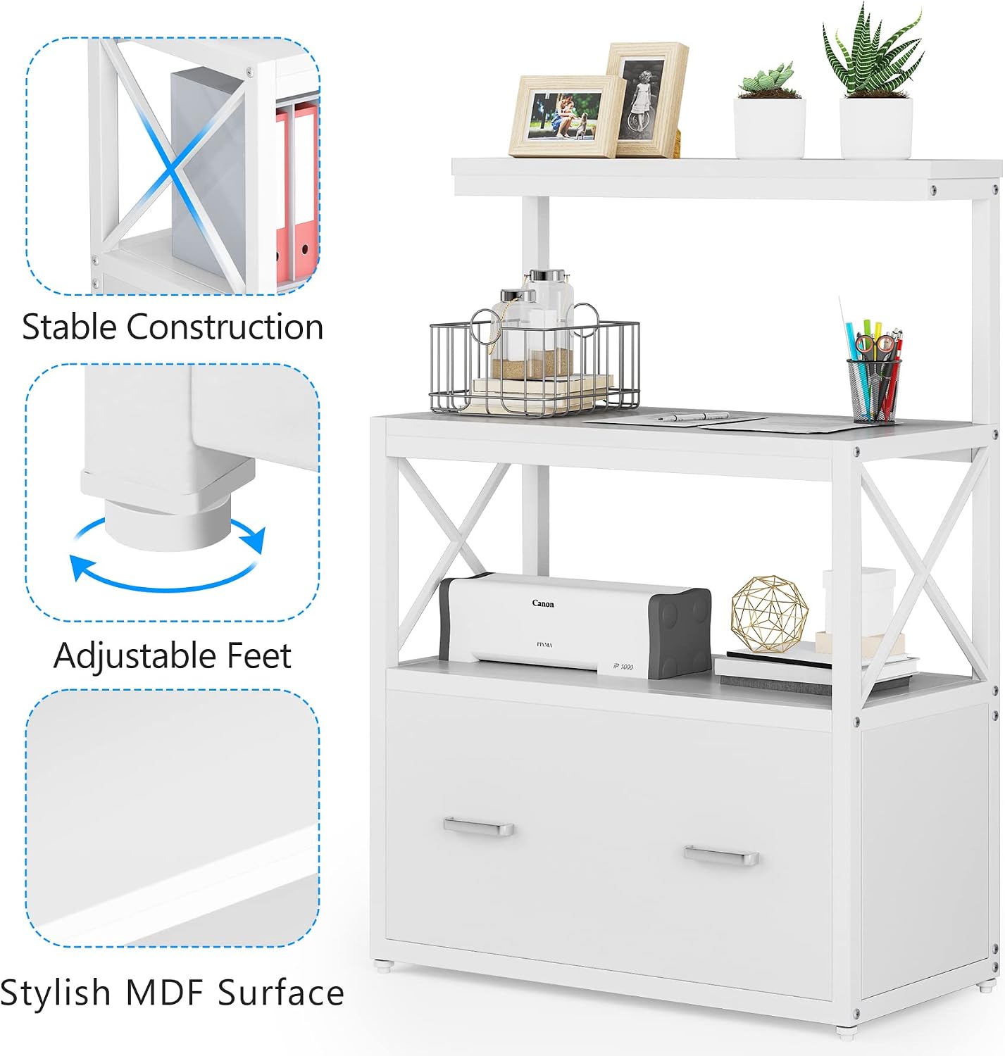 Tribesigns Lateral File Cabinet with stable construction, adjustable feet, and stylish MDF surface