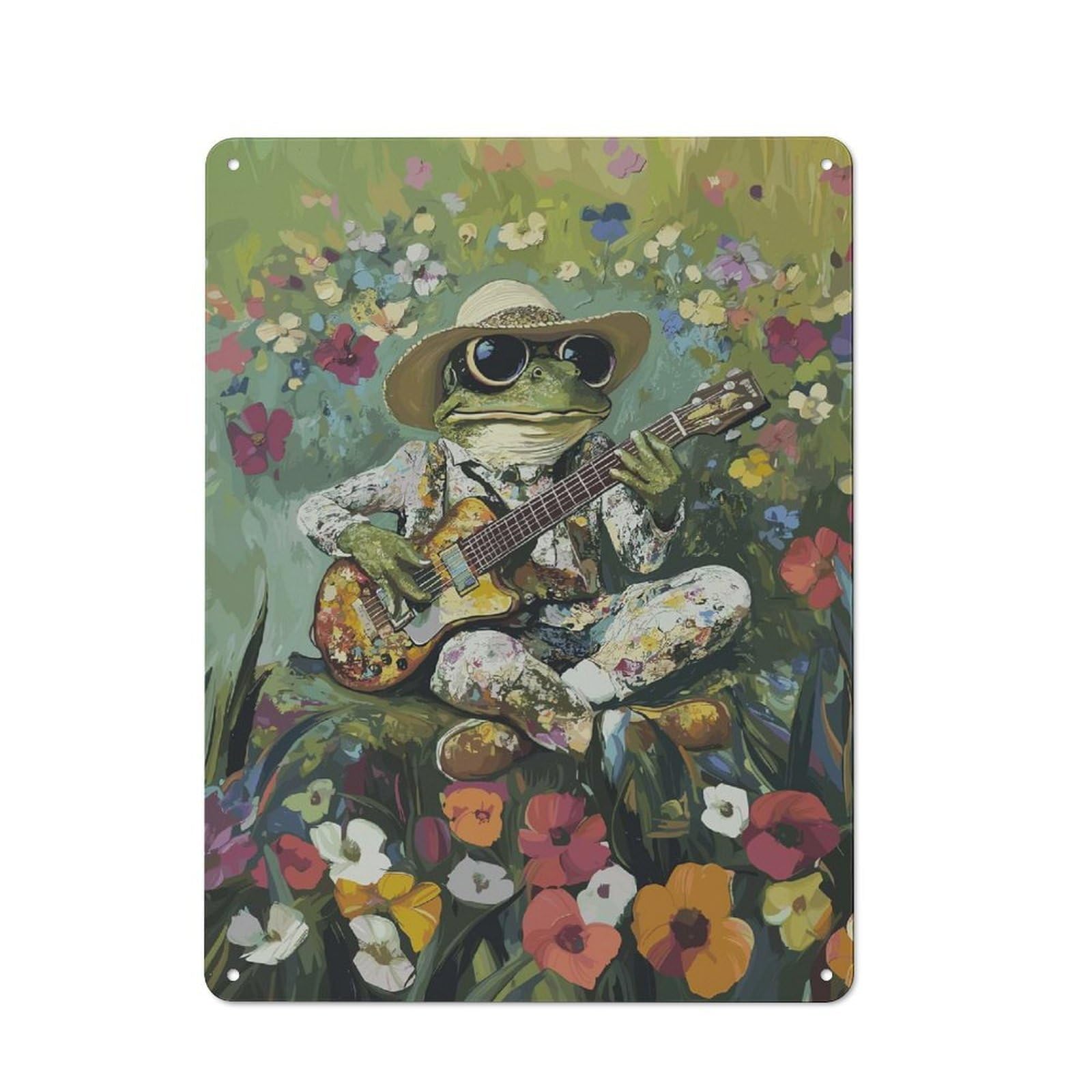 Junmoney Toad Guitarist In Flower Garden Metal Sign 40X30cm With For Pub Or Café, Vintage Decor, For Metal Sign Collectors, For Garage And Workshop Walls