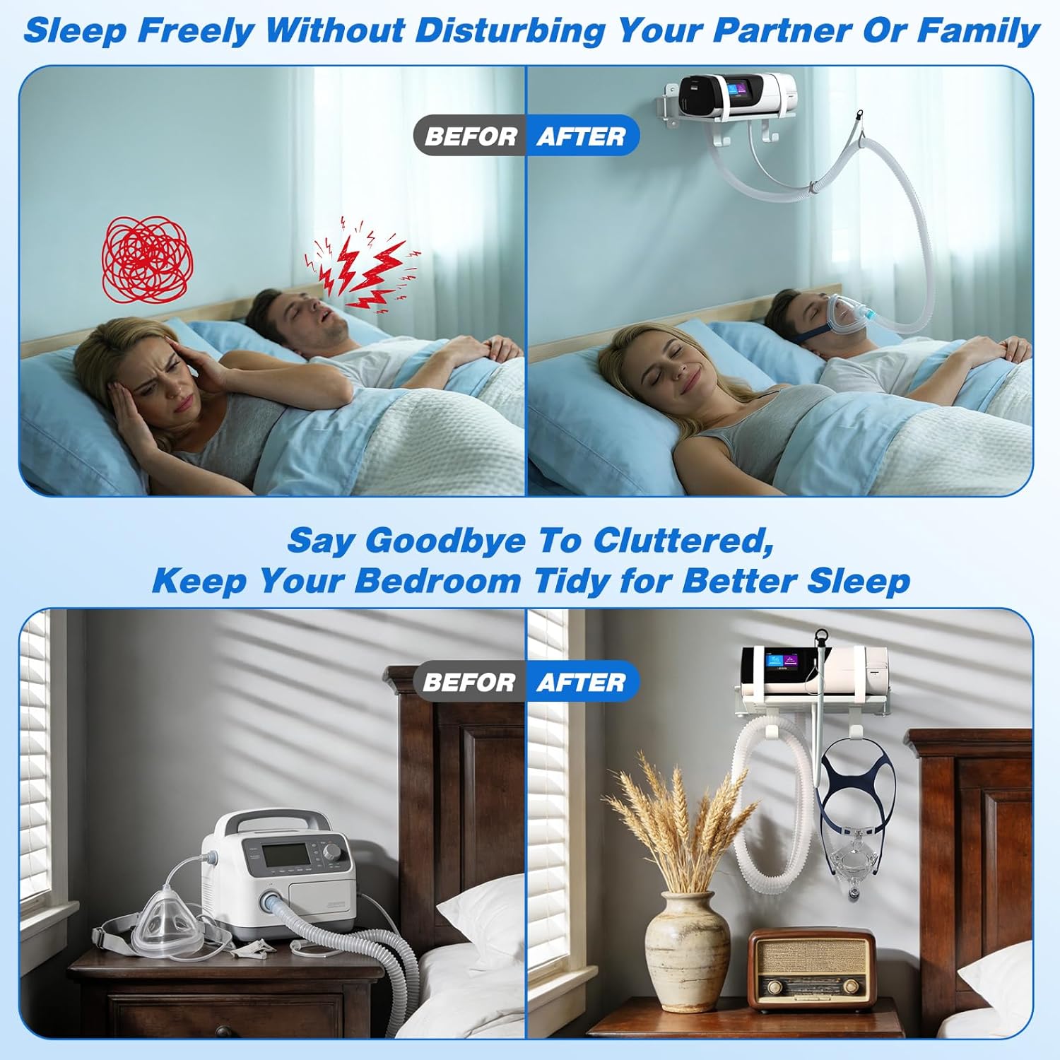 Godboat CPAP Wall Mount Shelf for Resmed Airsense 11 Machine - 180° Swivel CPAP Hose Holder, 90° Rotating Hanger with 2 Hooks for Tube Organizer Mask Stand [Tangle-Free], Bedside Bed Room Decor/Silver