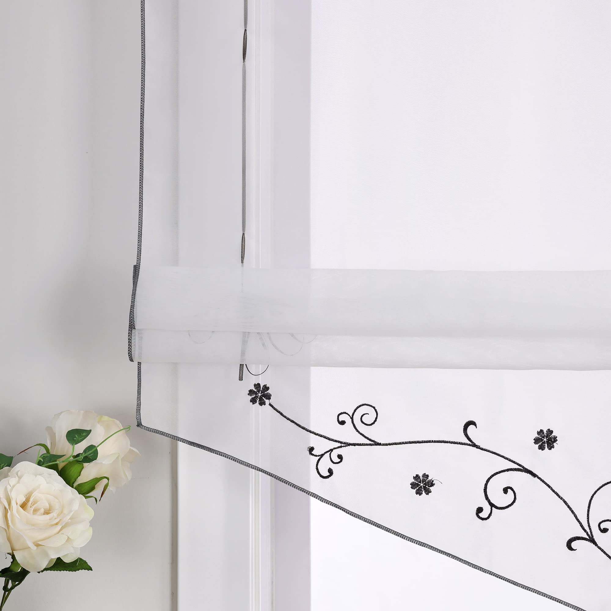 Yujiao Mao Voile Raffrollo Küche Gardine Mit Stickerei Bändchenrollo Mit Tunnelzug Transparent Raffgardine Weiß Grau BxH 120x140cm 1 Stück