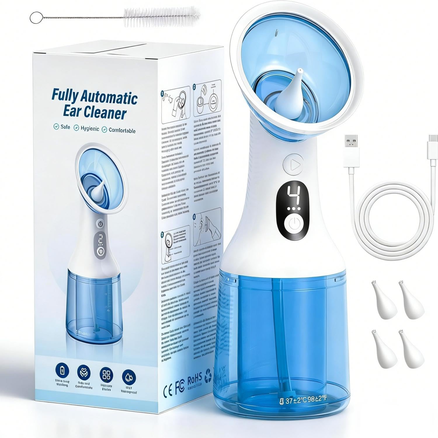 Rimozione del cerume, irrigatore elettrico per orecchie con 4 modalità di pressione e serbatoio di scarico integrato, sciacquone dell'acqua per orecchie ricaricabile USB-C, impermeabile IPX7, 4 punte