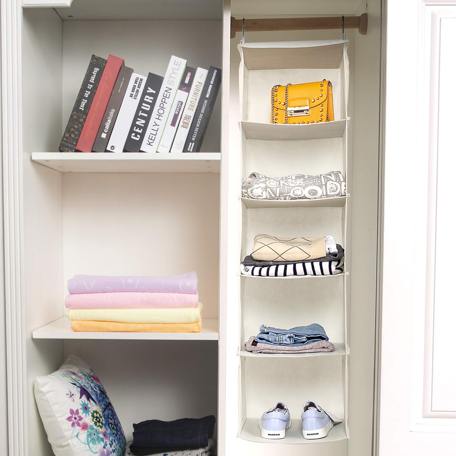 BrilliantJo Set di 2 Organizer Armadio, Portattuto da Appendere con 5 Scomparti con 6 Tasche Laterali a Rete per Vestiti, con 2 Ganci Organizzatore Armadio da 30 x 30 x 108 cm, Beige