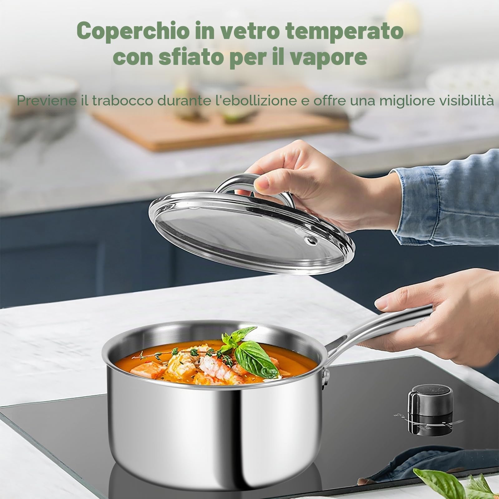 Set di pentole e padelle in acciaio inox a 3 strati - Set di pentole da 11 pezzi con coperchi in vetro - Set di pentole e padelle a induzione - Set di pentole e padelle, adatto al forno, senza PFOA