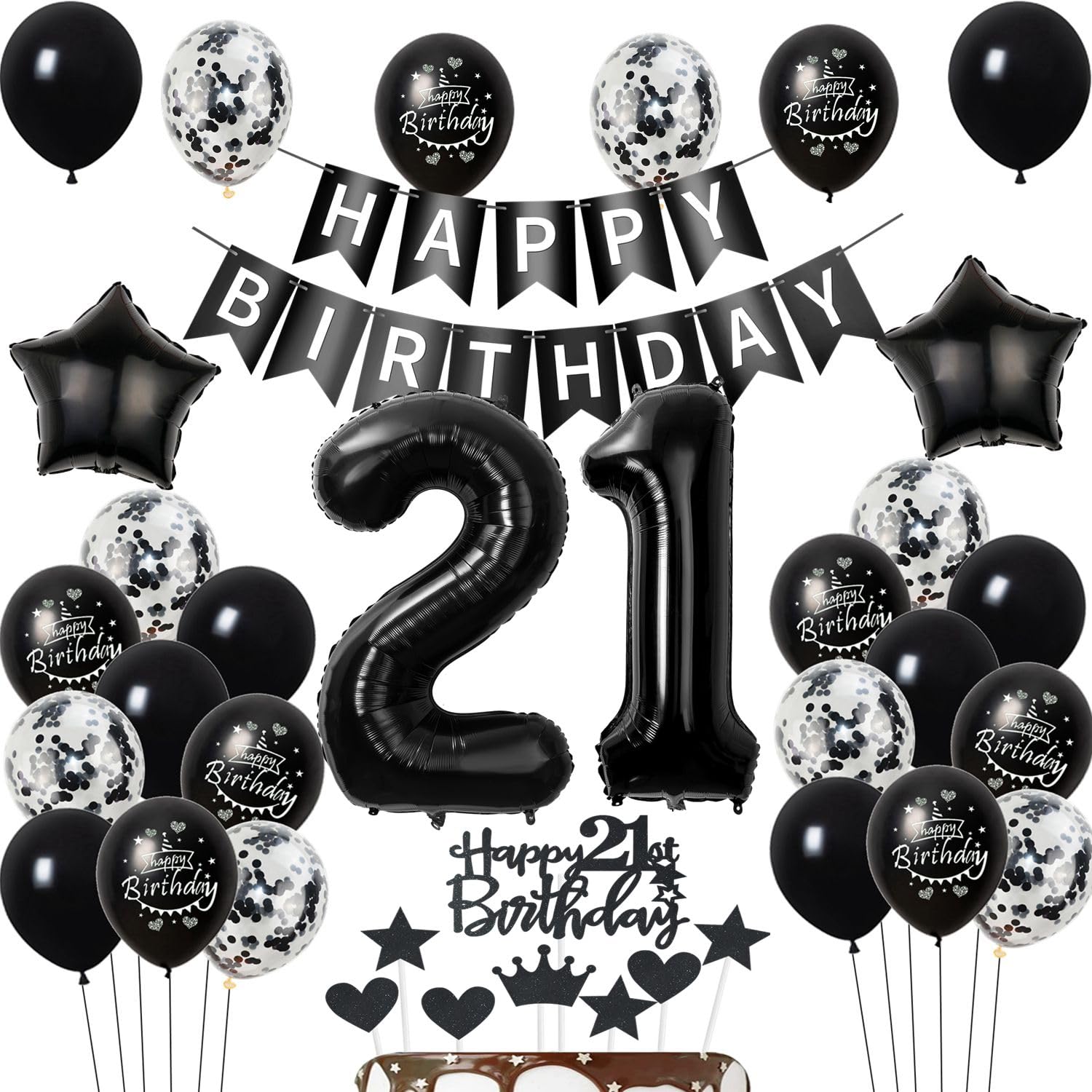 Luftballons 21 Geburtstag Dekoration,Schwarz Tortendeko Geburtstag 21 Jahre Mann,deko 21. frauen Männer,Tortendeko 21. Mann frau,Geburtstagsdeko 21 Jahre frauen Schwarz