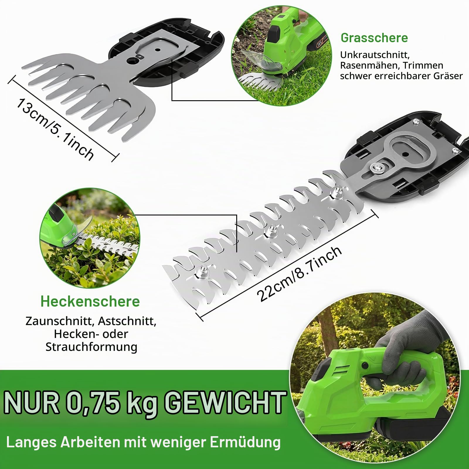 24V Akku Heckenschere, 2 in 1 Schnurlose Grasschere und Heckenschere mit Batterieanzeige, Elektrogartenscheren mit 2x1500mAh Wiederaufladbaren Batterien, 100mm+300mm Klingen und Adapter