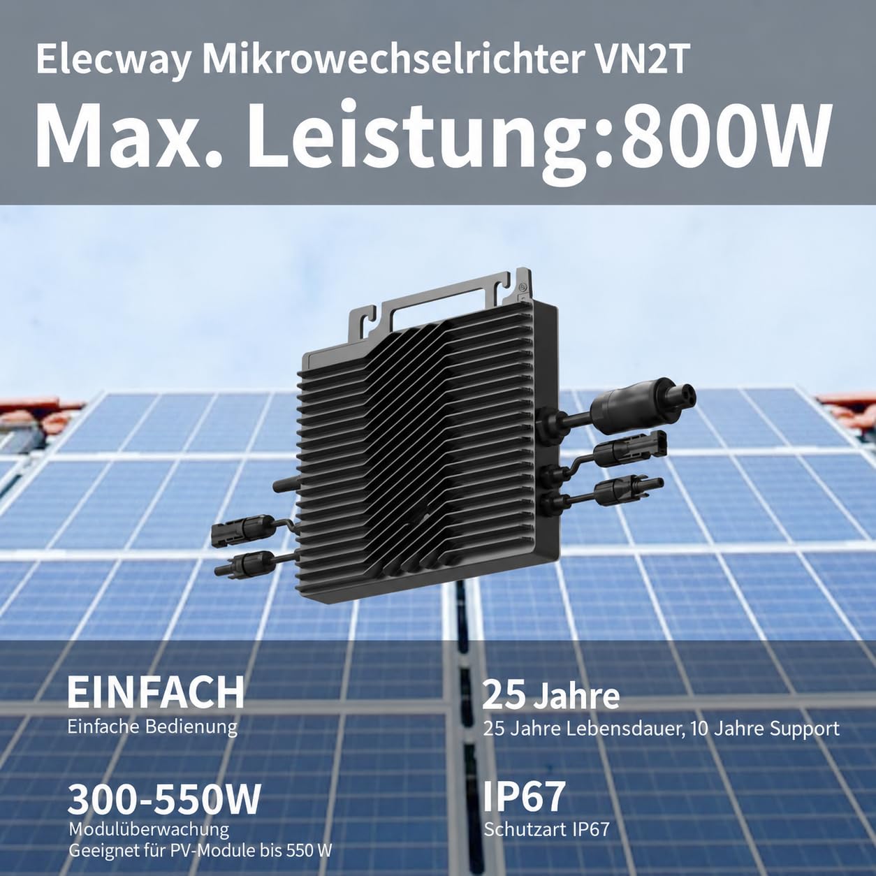 VN2T08 800W Netz-Mikro-Wechselrichter, Dual MPPT 16-60V DC, App-Steuerung über WLAN, VDE PV Zertifiziert, Plug & Play, IP67, ideal für Balkonkraftwerke, 0% MwSt