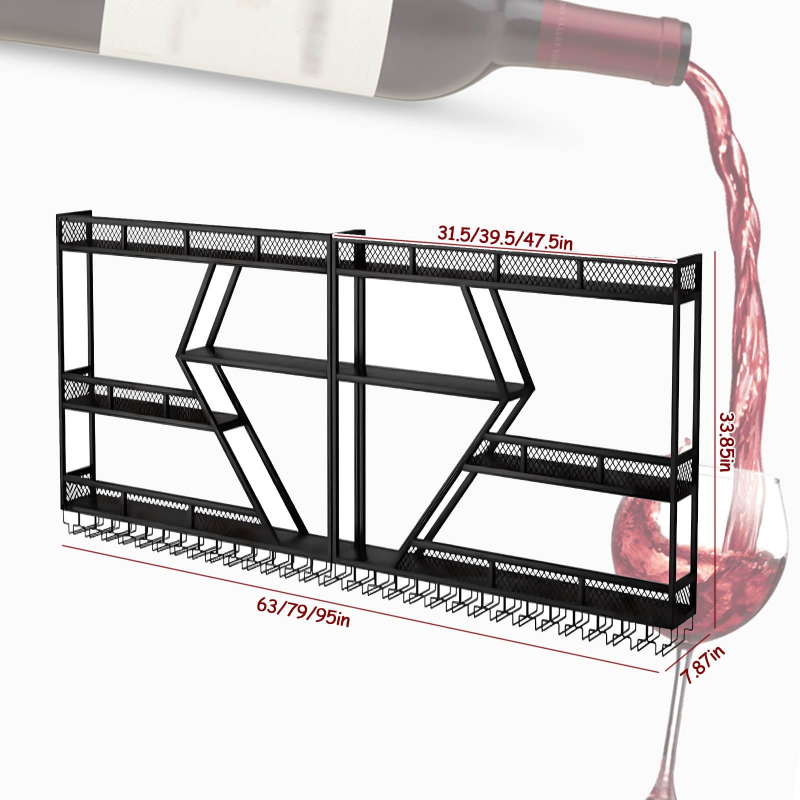 Modern wandgemonteerd wijnrek met glazen houder, metalen zwevende plank voor opslag van drank en wijn, stijlvolle ijzeren wijnkelder display voor keuken en woondecoratie (goud, 200 cm