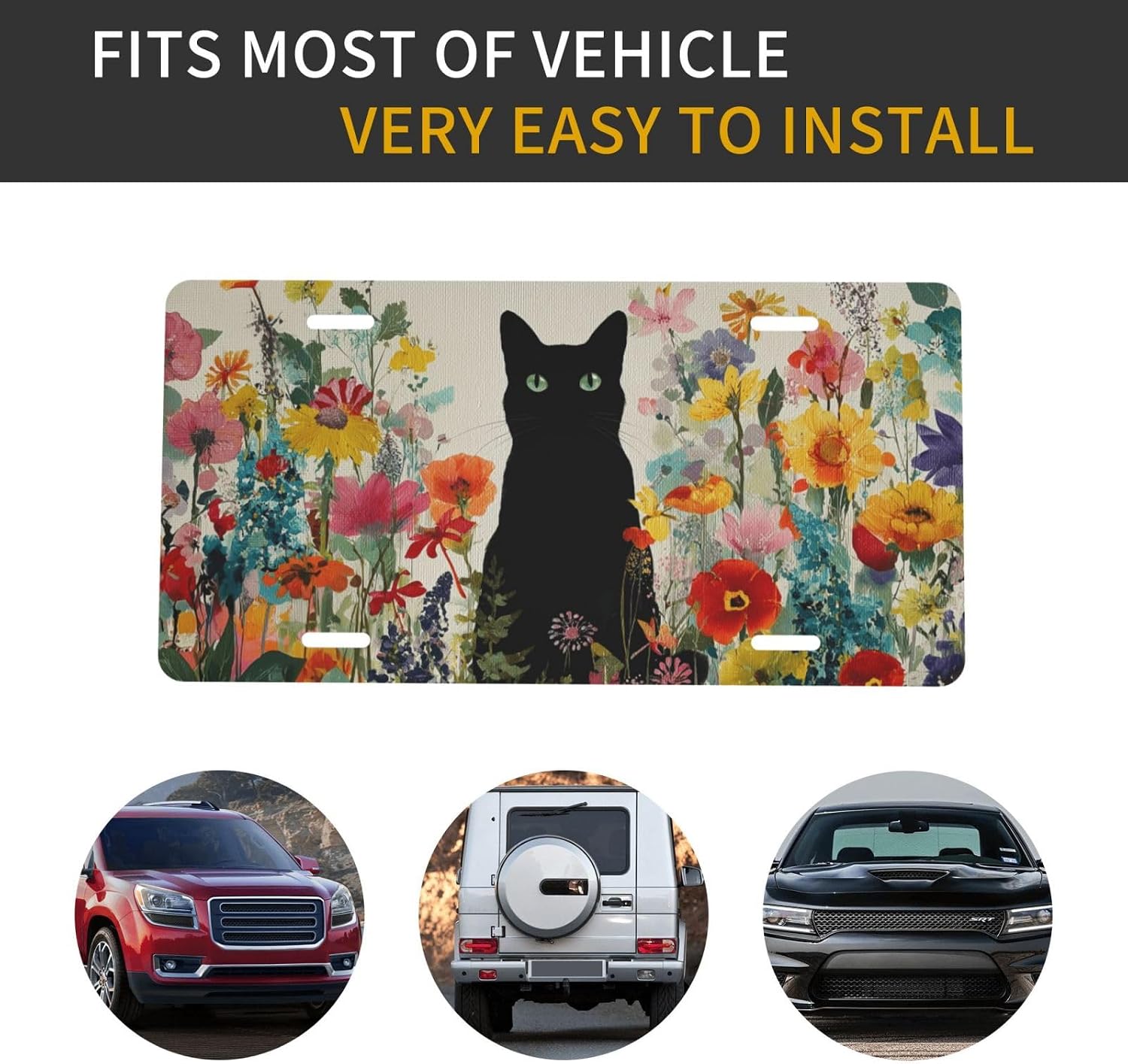 Front License Plate Cover, Cat Flower Car Decor Accessory Aluminum Metal Rust-Proof US Car Plate Novelty Vanity Tag Cover Decorative with 4 Holes for Men Women 6 * 12 in