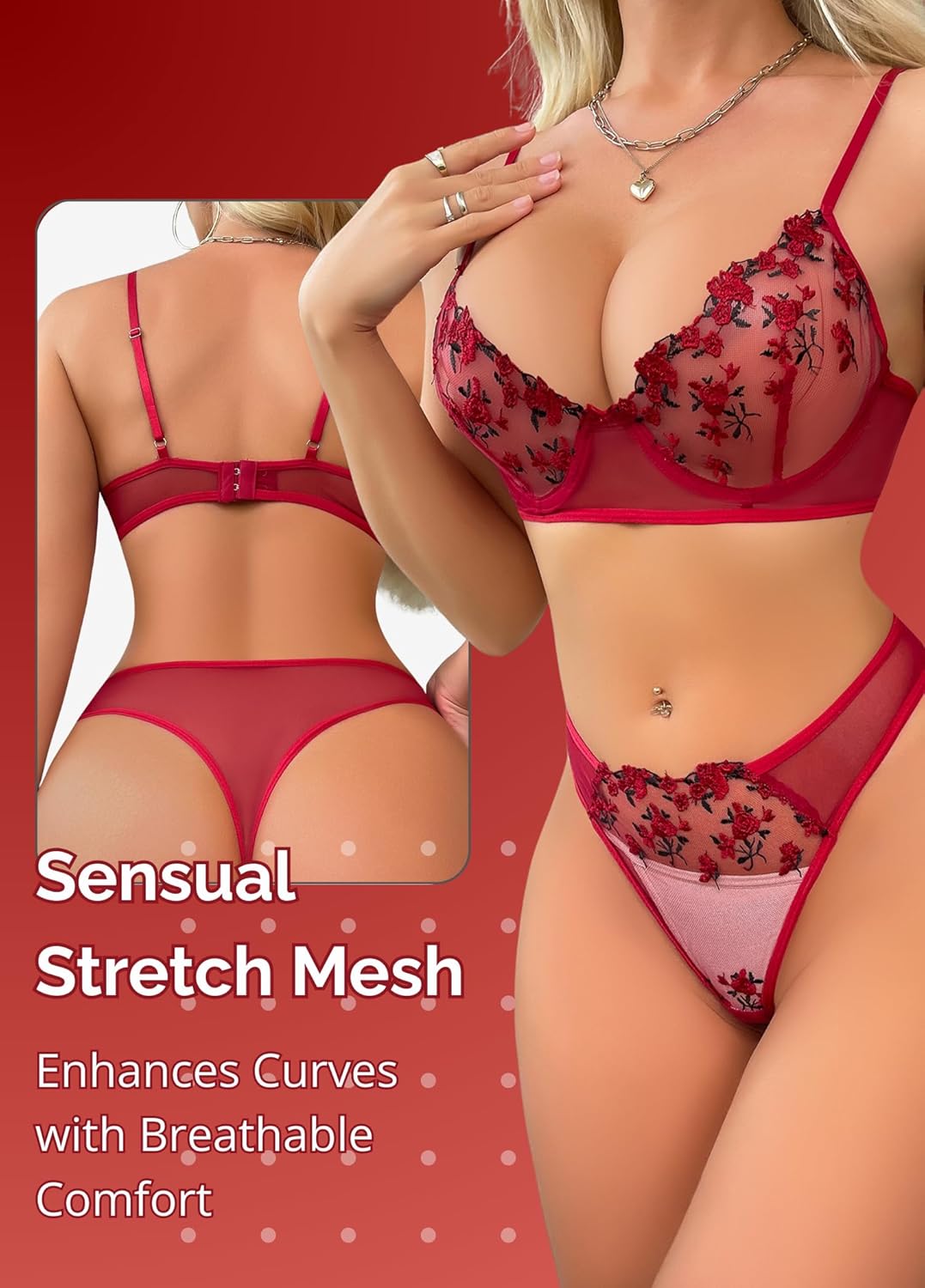 Women's Sexy Lingerie Set, Red Underwire Floral, Lace Bra and Panty 2 Piece Sheer Mesh Lingerie with Push Up - Image 2