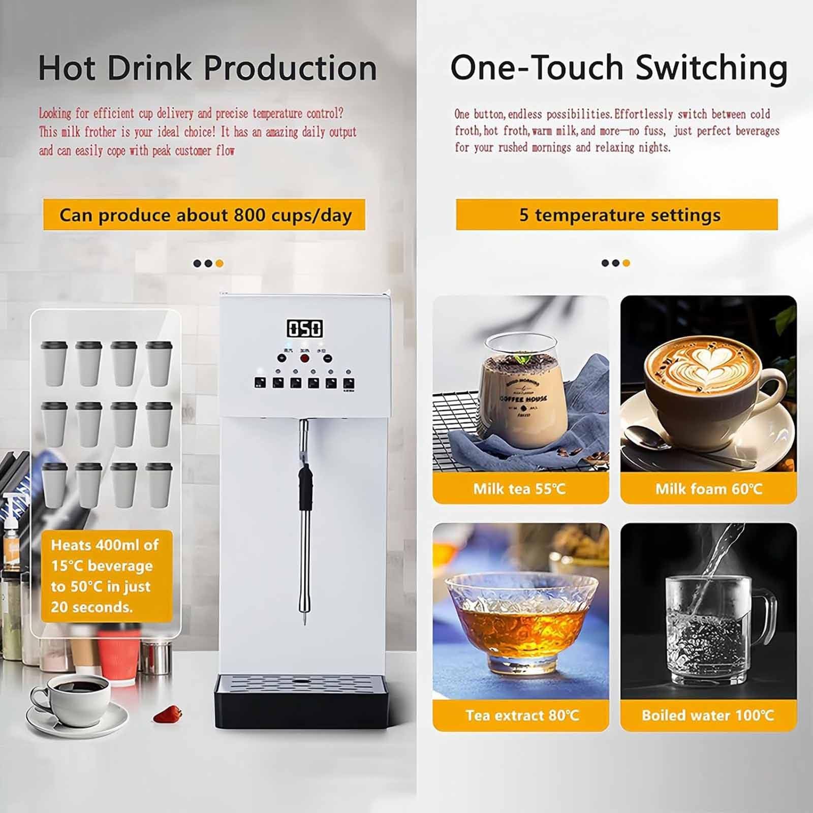 Espumador de leche eléctrico comercial de 2500 W, con vapor, tanque de 6 L, acero inoxidable 304, 5 ajustes de temperatura preestablecidos, pantalla LED para latte y capuchino, protección co