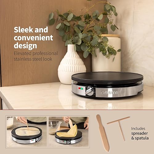 Miniatura 6 de Gourmia Máquina de crepas de 12 pulgadas, plancha eléctrica antiadherente para panqueques, tortillas y más, control preciso de temperatura con luces