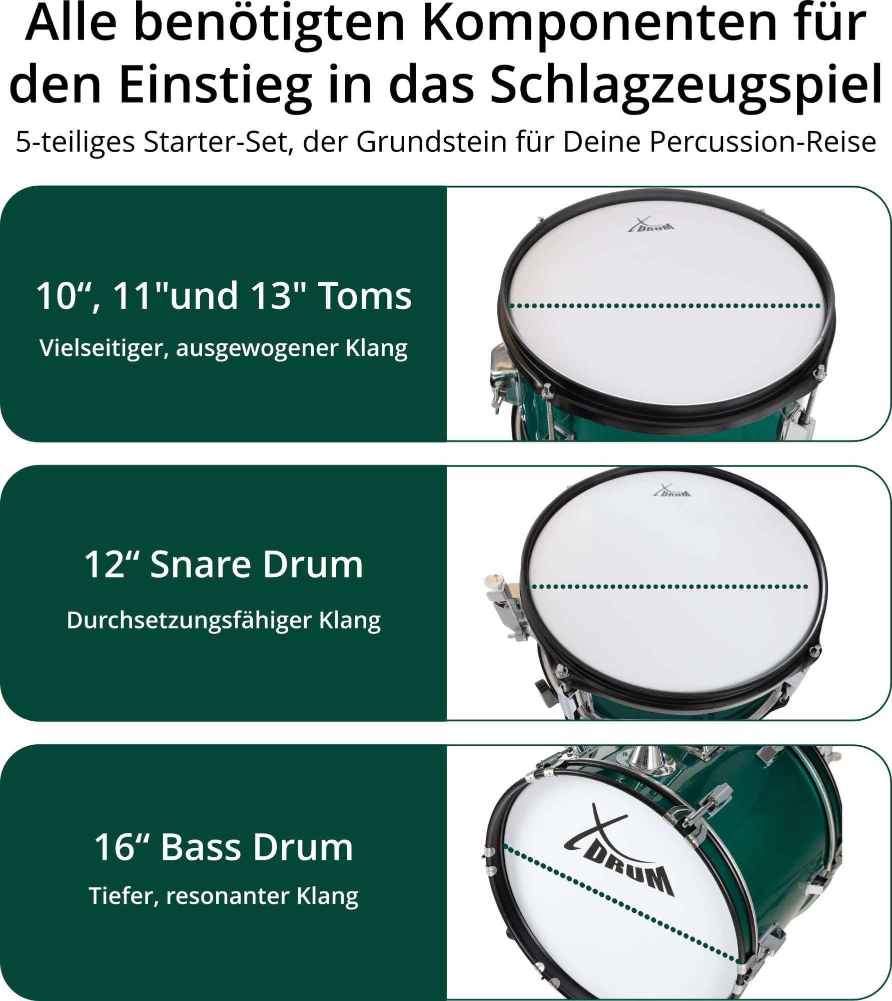 XDrum Junior Pro Kinder Schlagzeug Emerald Green Sparkle - geeignet von 5-9 Jahren - Drumset mit komplettem Zubehör - inkl. Schule - Grün