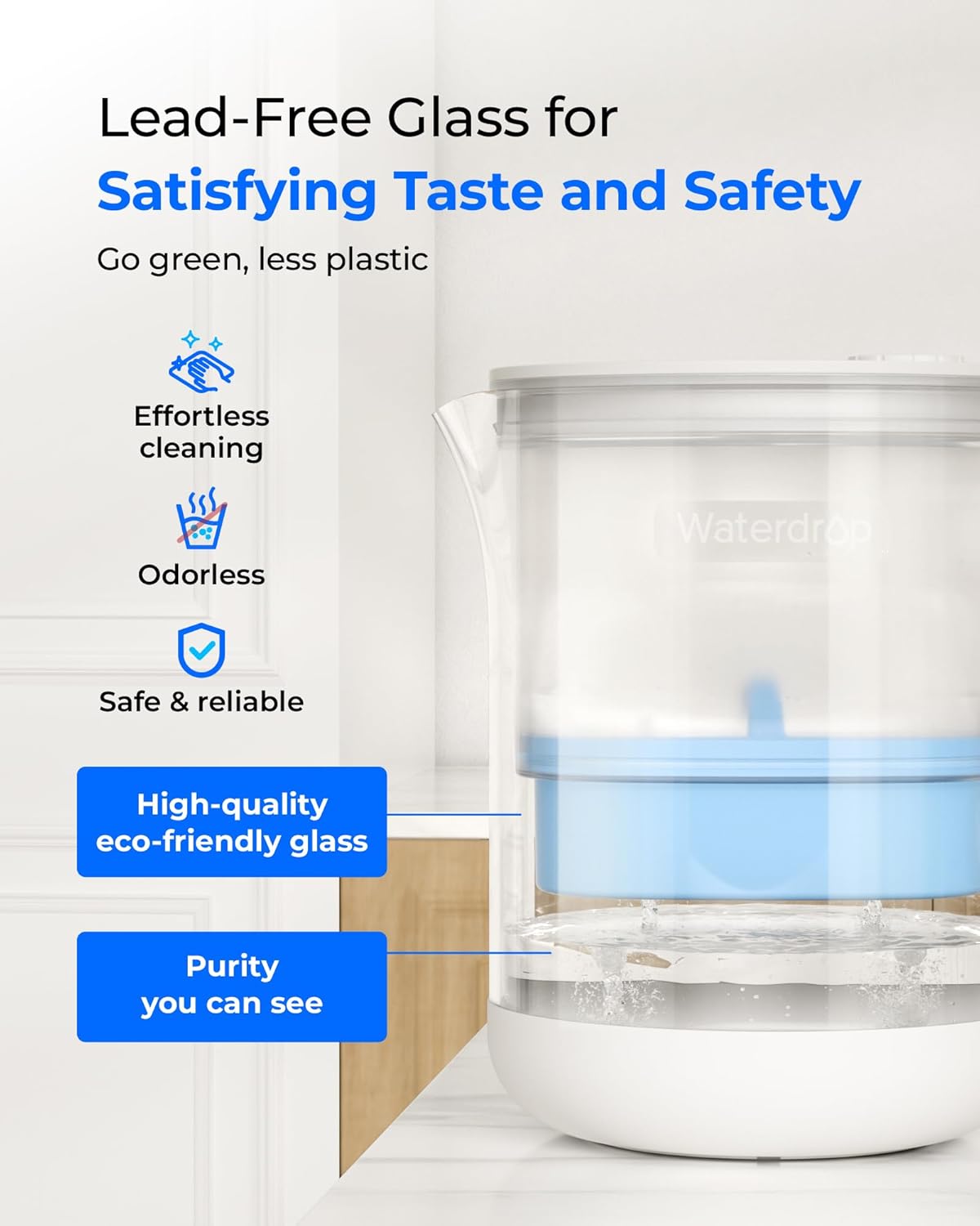 Waterdrop Glass Alkaline Water Filter Pitcher with 1 Filter, Enhances Alkaline Water, Eco-Friendly, 7-Cup, for Home & Office, Reduces PFOA/PFOS, Chlorine, Cadmium, Copper, Mercury, Clear, WD-PT-72C-A - Image 4