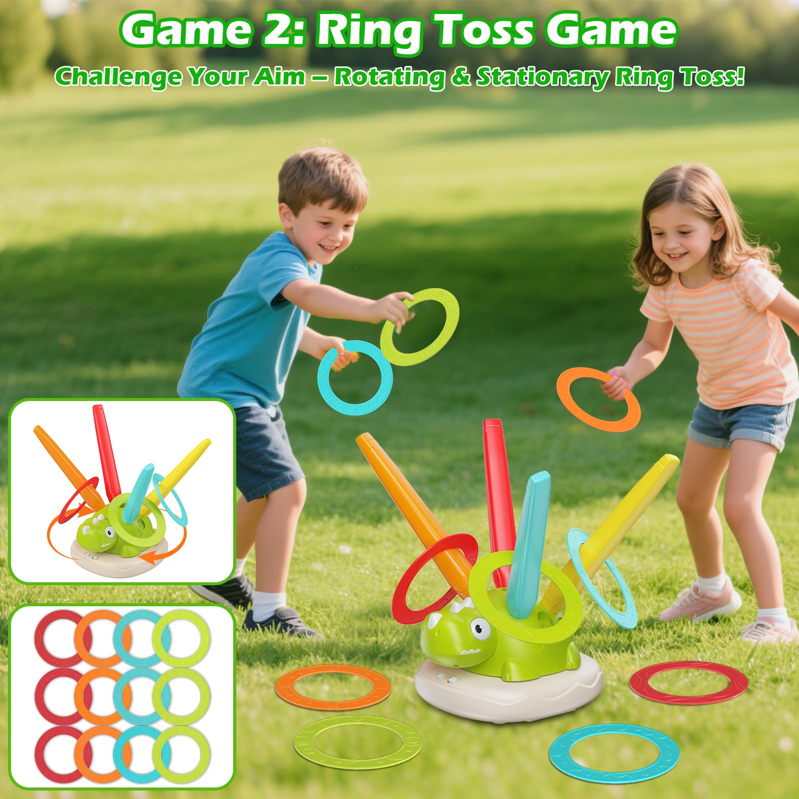 3 in 1 Giochi da Esterno per Bambini 3 4 5 6 7 8 9 Anni – Salta con Musica, Razzo Spaziale Giocattolo e Gioco Lancio Anelli – Giochi da Interno ed Esterno per Coordinazione e Abilità Motoria