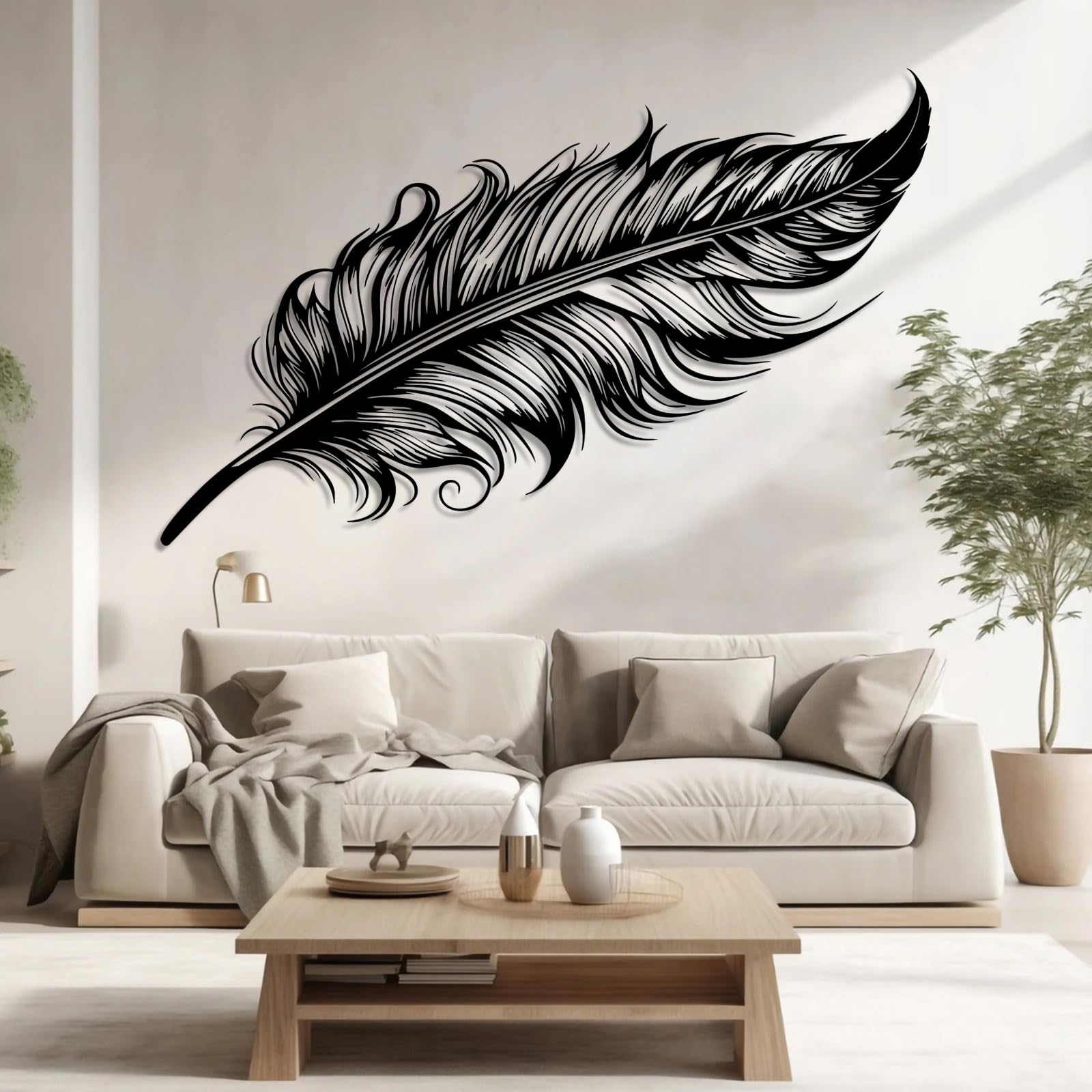 Metalowa dekoracja ścienna z piórami, duża metalowa dekoracja ścienna z piórami w stylu boho rustykalnym, czarna dekoracja ścienna do salonu, sypialni, korytarza i schodów, naturalny wy