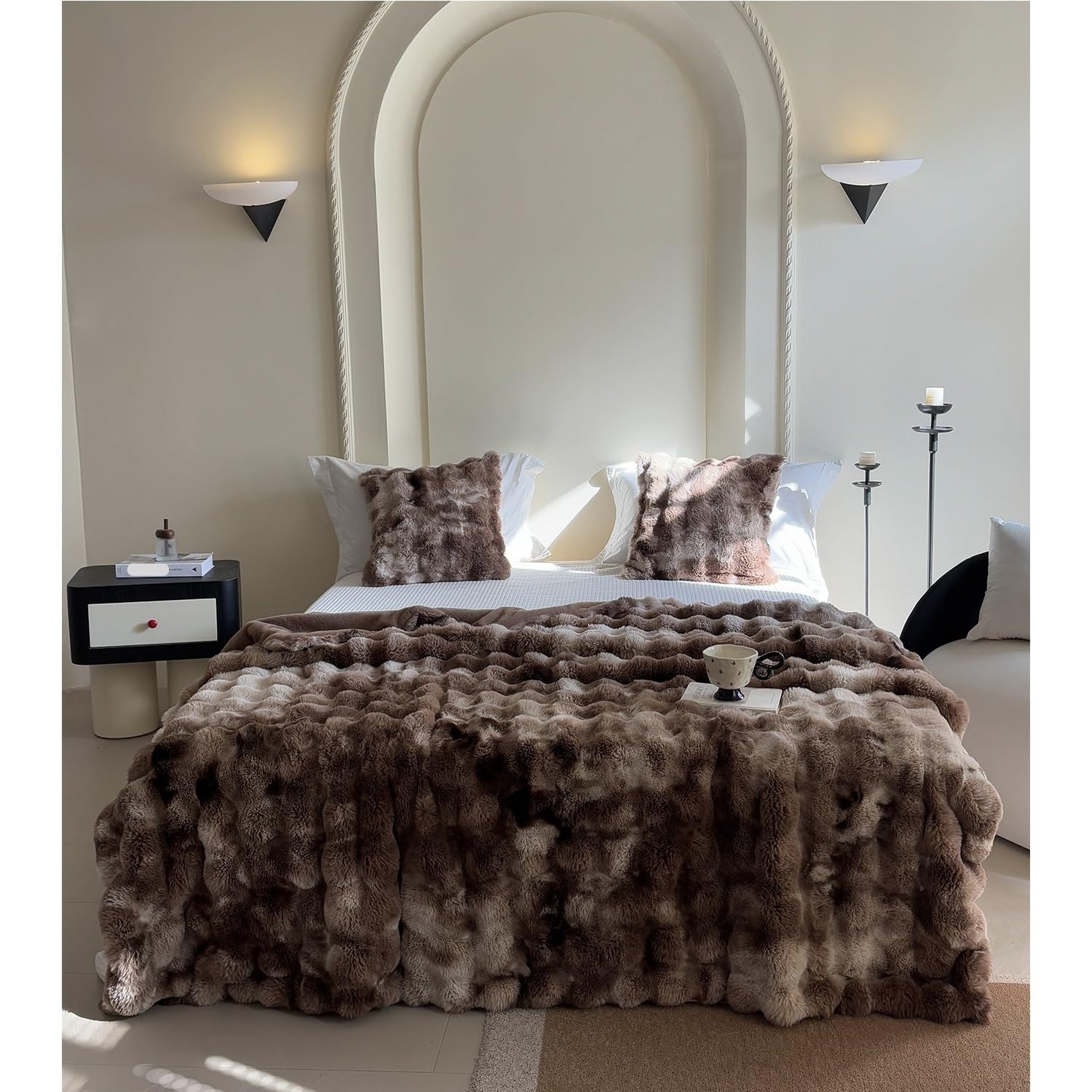 Couverture en fausse fourrure de lapin de luxe marron plaid 100x150