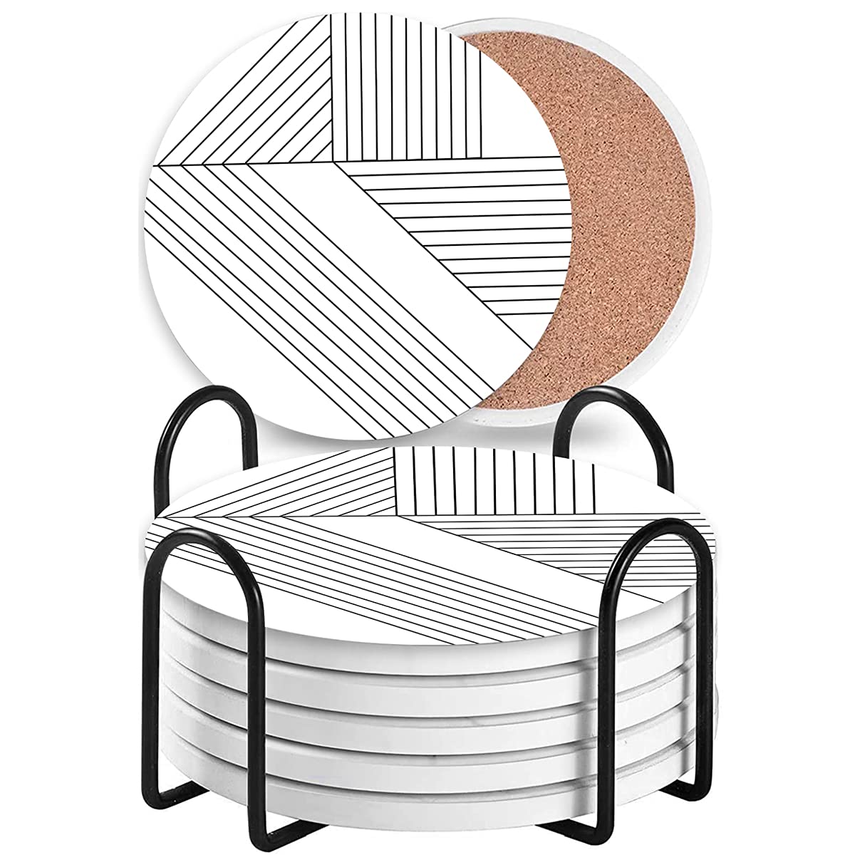 Absorbent Coasters for Drinks - Grey Lines On Large Ceramic Stone with Cork Backing, Drink Spills Thirsty Coaster Set of 6 with Holder, Oversize Better Protects Furniture from Damage (Decor)