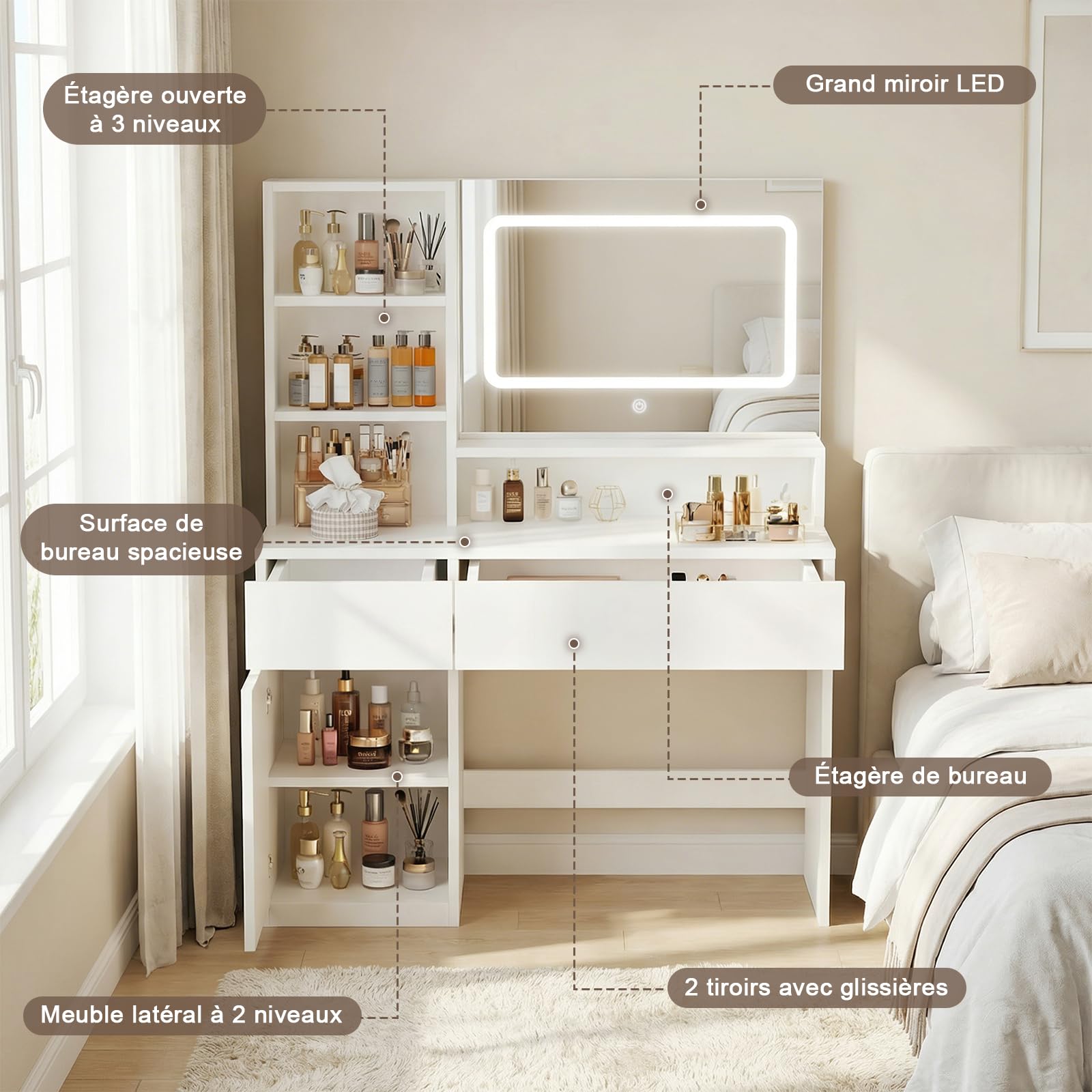JUMMICO Coiffeuse avec Grand Miroir LED et Espace de Rangement Abondant, Table de Maquillage Moderne avec 2 Tiroirs, 1 Armoire Latérale et 4 Compartiments (Blanc)
