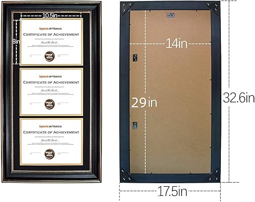 Miniatura 5 de Space Art Deco, 14x29 Triple/Three Certificates Frame with Black Over Gold Double Mat for (3) 8.5x11 Diplomas/Degrees, Sawtooth Hangers Real Glass