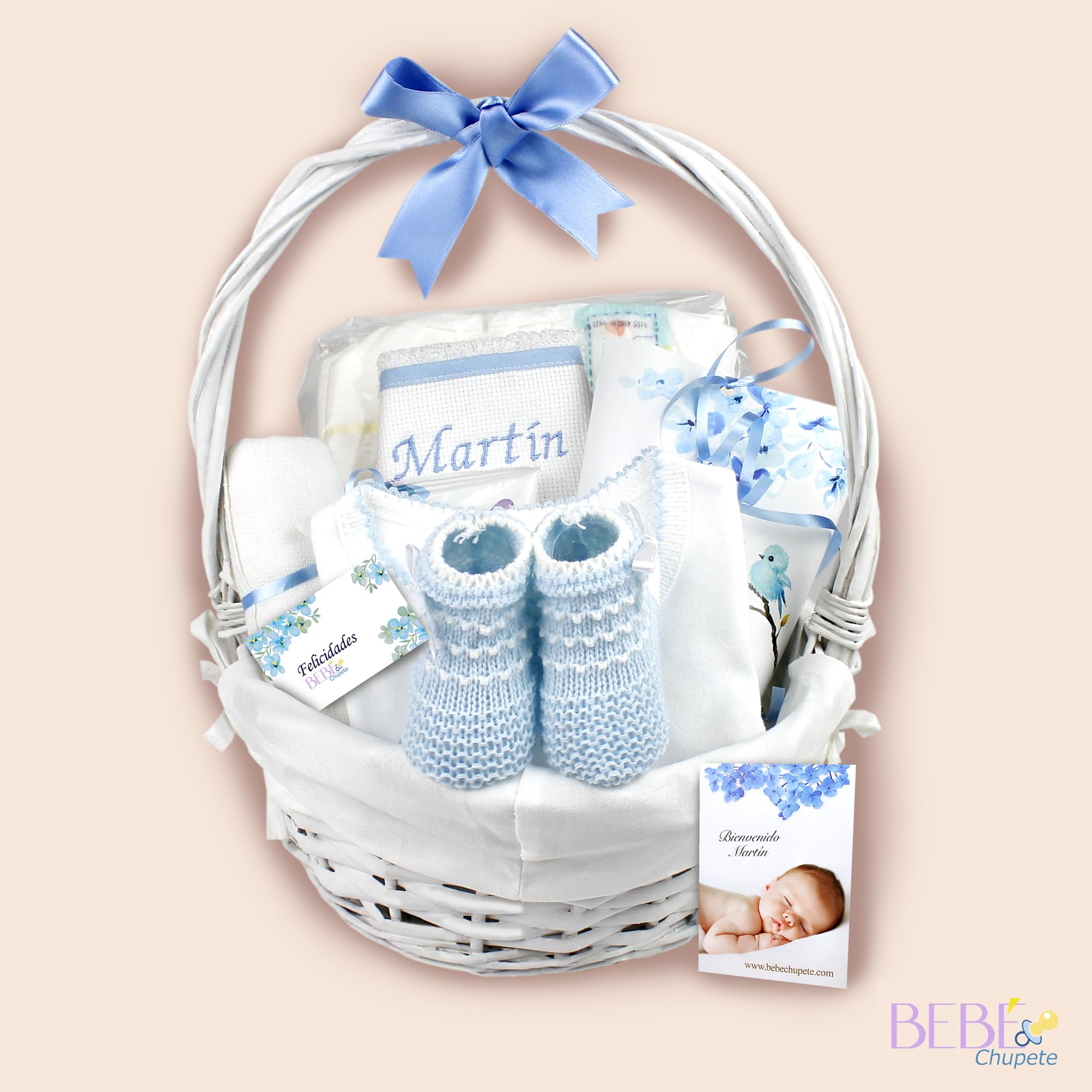 BEBÉCHUPETE Canastilla Bebe Personalizada - Cosas para bebes recien nacidos - Primera puesta bebe recien nacido - Regalos bebes recien nacidos originales - Regalo bebe recien nacido niña/o (Azul)
