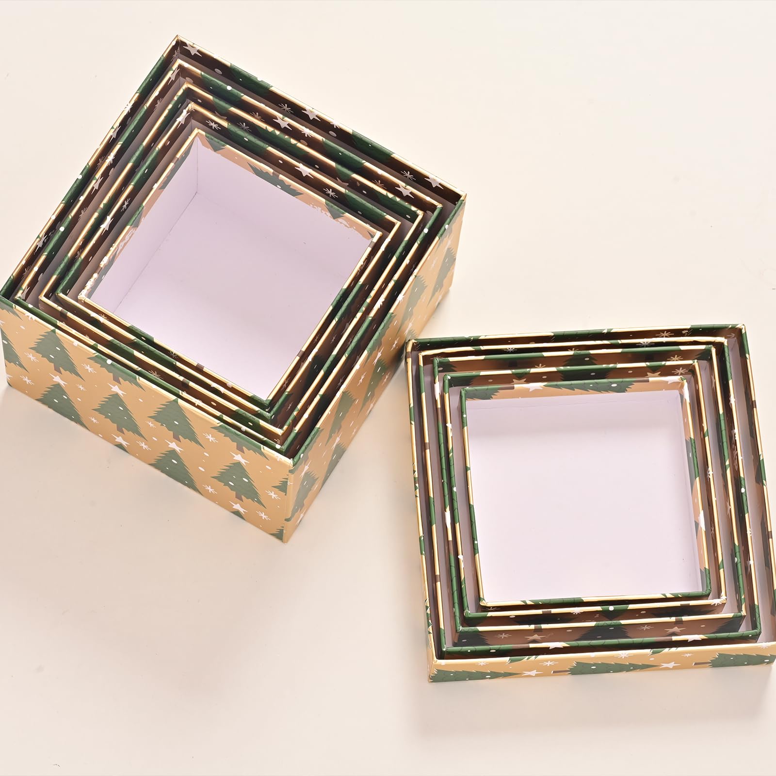 PAPER FAIR Zestaw pudełek prezentowych, złota folia, zielona choinka bożonarodzeniowa, płaskie, kwadratowe kartonowe pudełko z pokrywką, do pakowania prezentów, prezent świąteczny, urodziny, różne