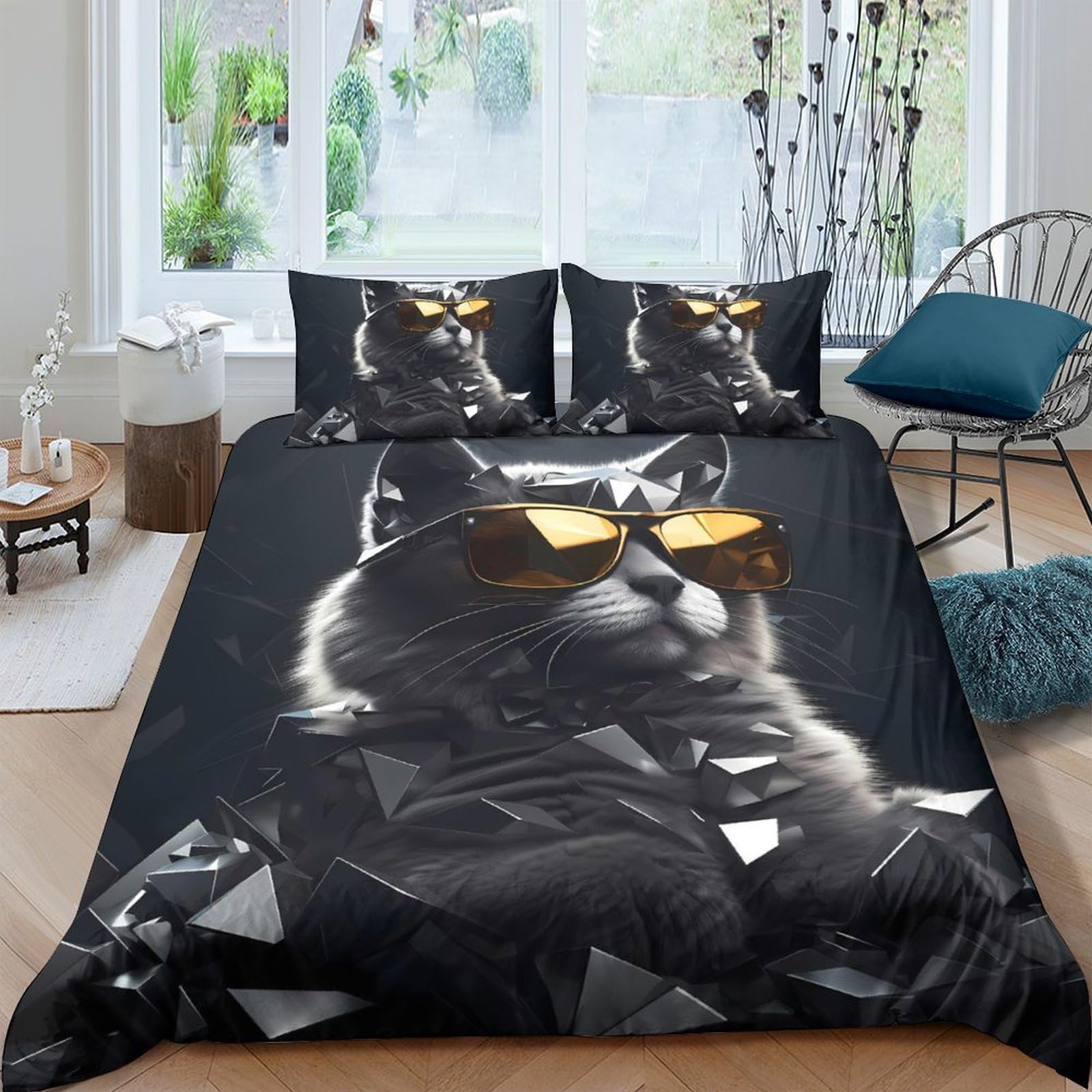 Ctjqhvkz Style-4 3D Printed Cool Cat Fitted Sheet Microfiber Soft Black Sunglasses Bed Cover For Bedroom Guest Room Dorm Decor Single（135X200cm）
