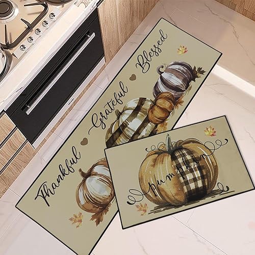 ArtSocket Blessed Grateful Leaves - Juego de 2 alfombras y tapetes de cocina antideslizantes y lavables, diseño de girasol, calabaza, Acción de