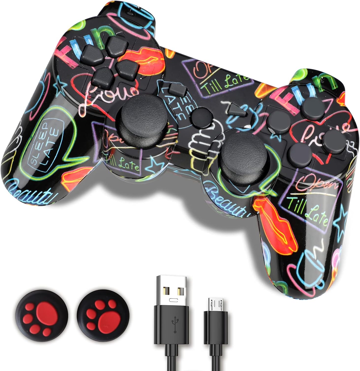 Wireless Controller, Game Controller Double Shock Gamepad Compatible for Play3, Ergonomic Gamepad with charger and Thumb grips, 2021 Version Graffiti