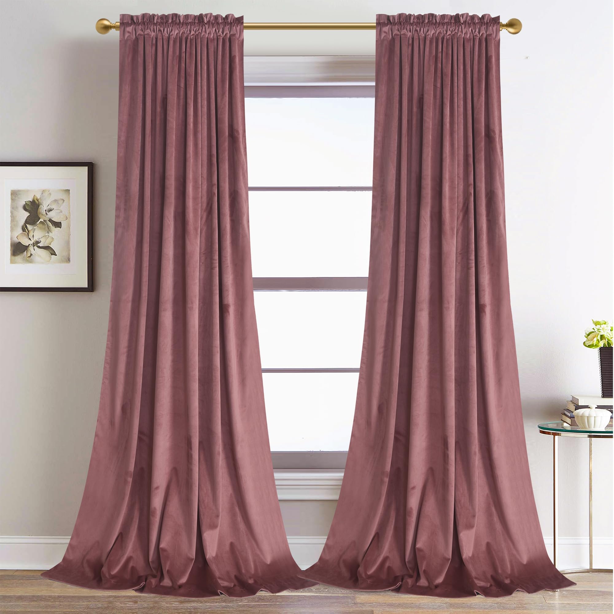Roslynwood Dusty Rose Velvet Curtains 96 inches Long Rod Pocket for Bedroom, Super Soft Room Darkening Thermal Insulated Window Curtains for Living Room/Nursery Kids, W52 x L96, 2 Panels