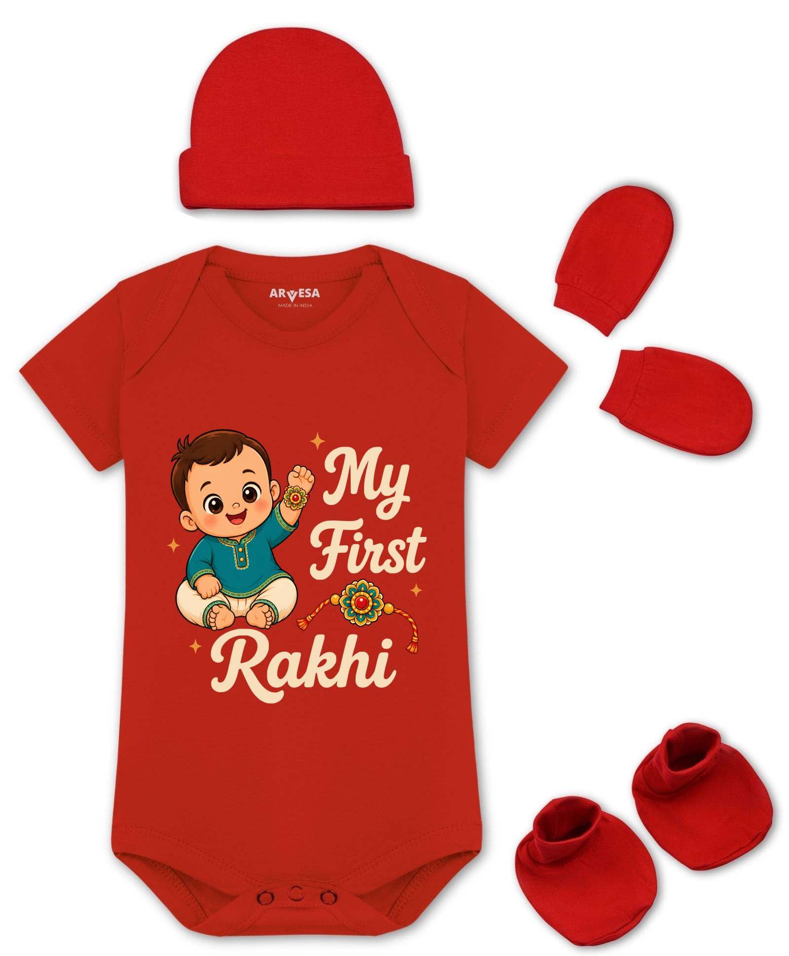 Baby Romper Set Rakhi Theme for Baby Boy and Baby Girl Cotton Design No 2150 My First Rakhi-image-17
