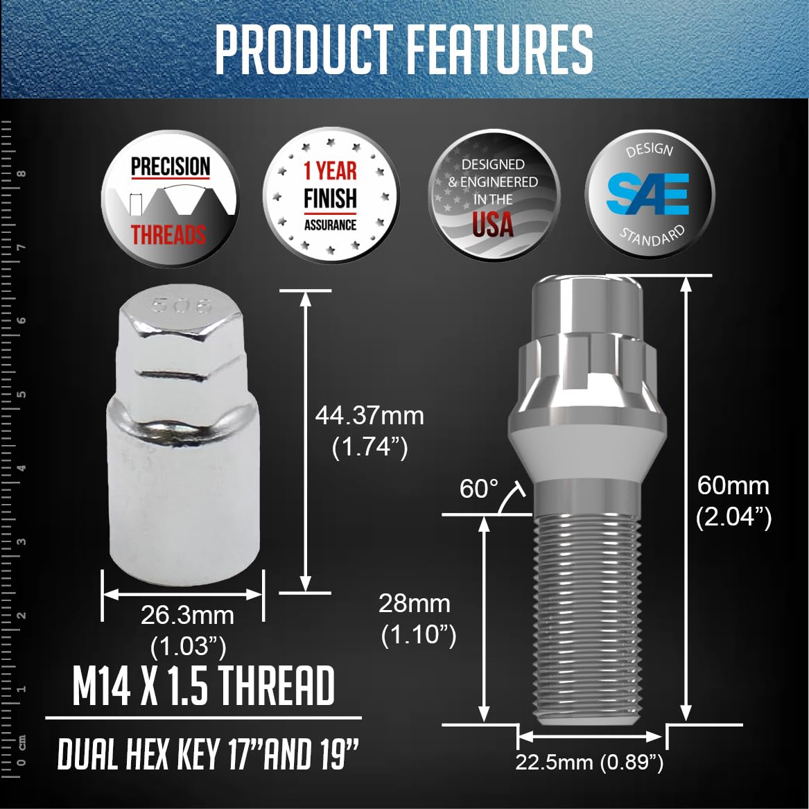 M14x1 5 Lug Nuts Chrome Wheel Lock Lug Bolt Set 14x1 5 Cone Seat 28mm m14x1-5-lug-nuts-chrome-wheel-lock-lug-bolt-set-14x1-5-cone-seat-28mm